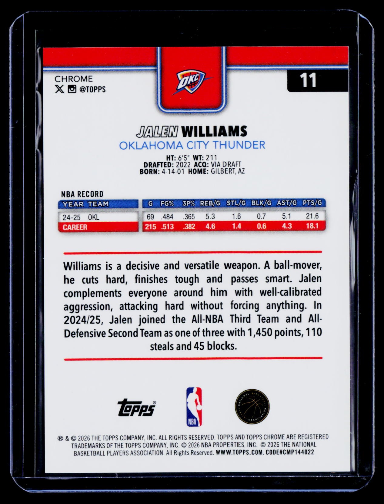 2025-26 Topps Chrome Update #11 Jalen Williams Black Refractor #/10