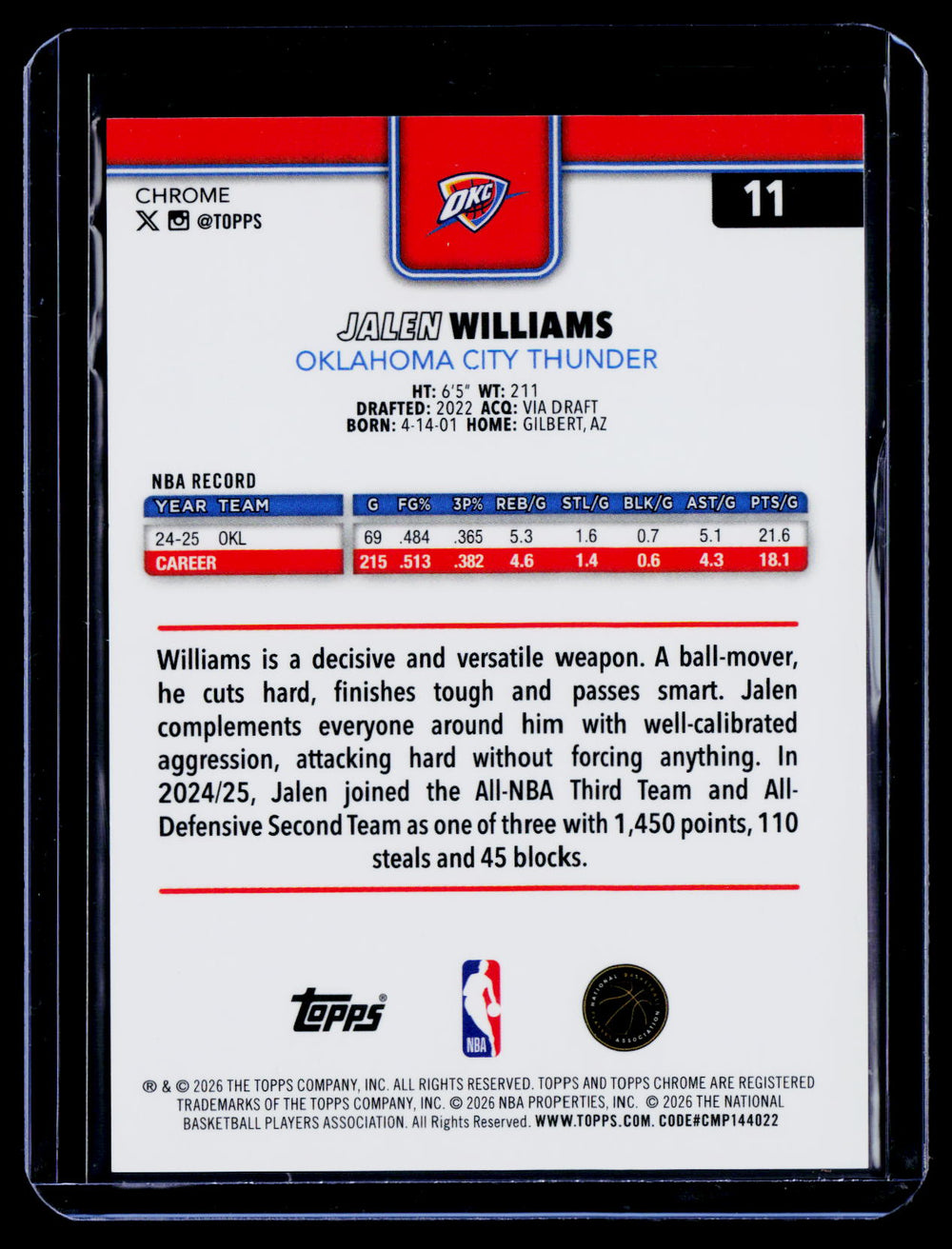 2025-26 Topps Chrome Update #11 Jalen Williams Black Refractor #/10