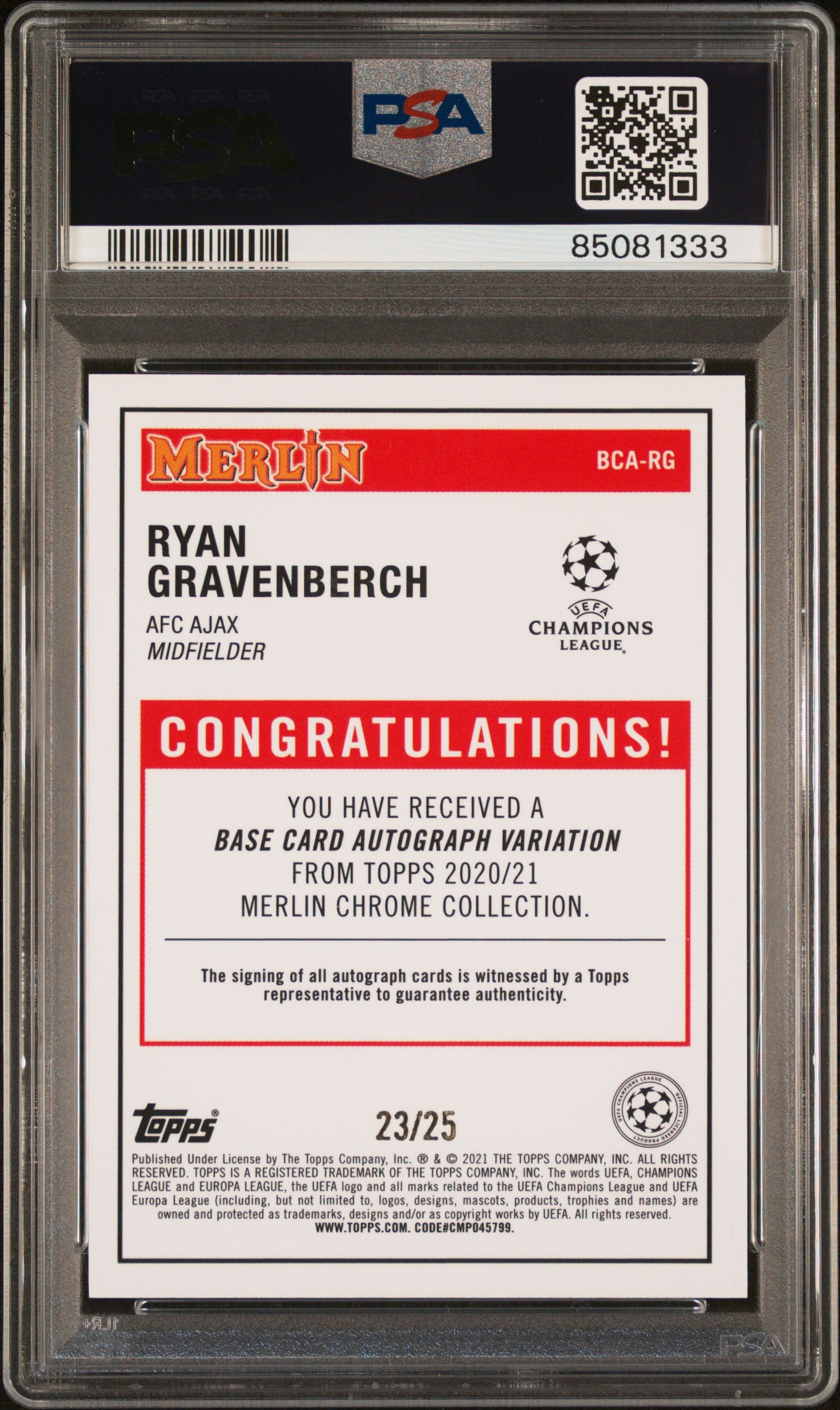 2020 Topps Merlin Chrome UCL Autographs Ryan Gravenberch Auto /25 PSA 9