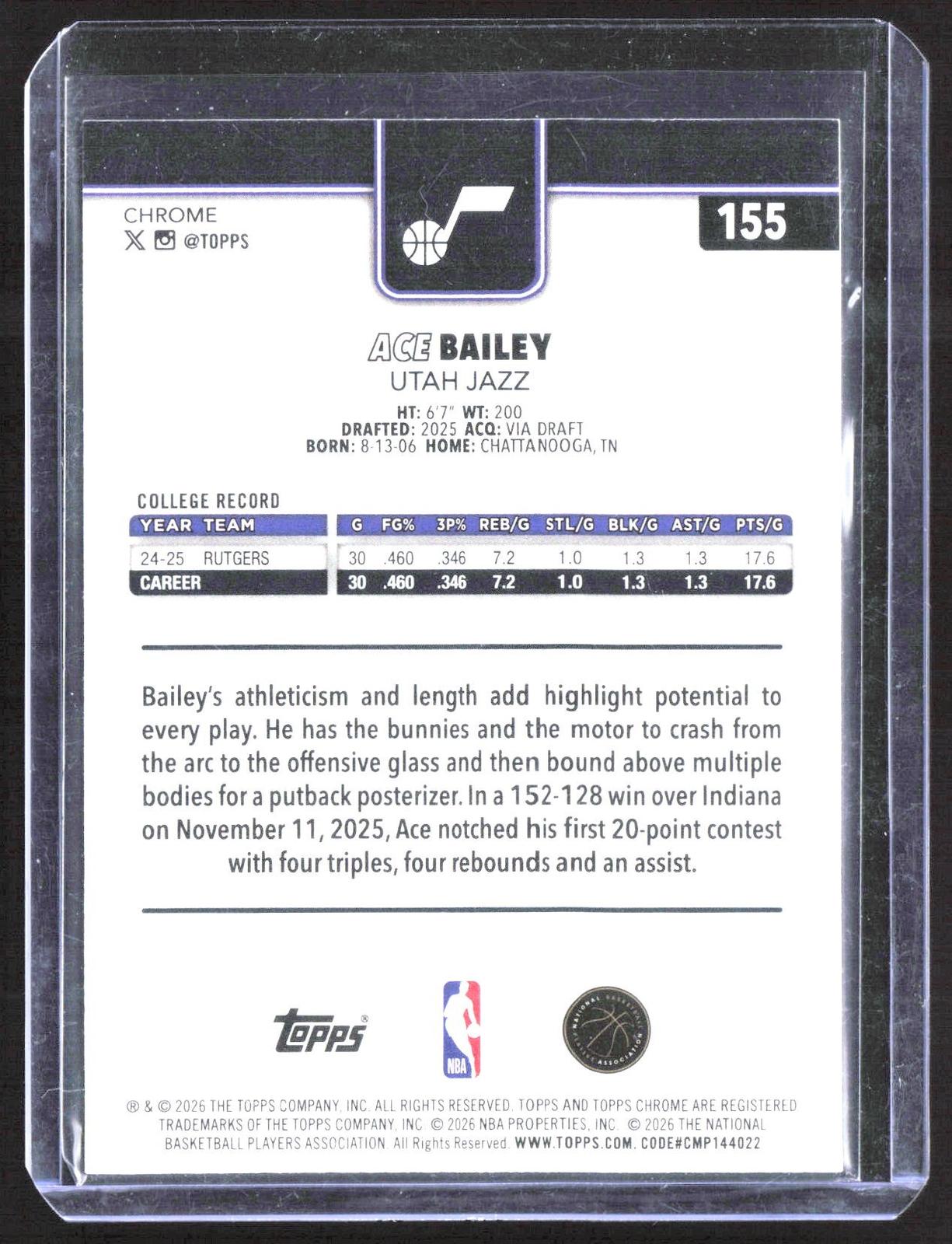 2025-26 Topps Chrome Update #155 Ace Bailey RC