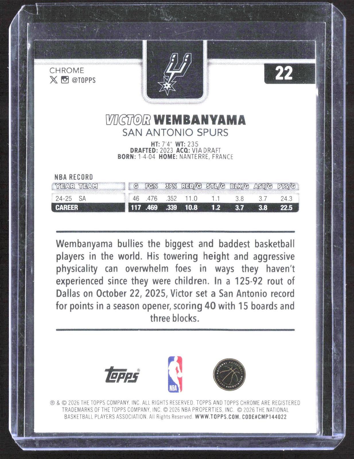 2025-26 Topps Chrome Update #22 Victor Wembanyama