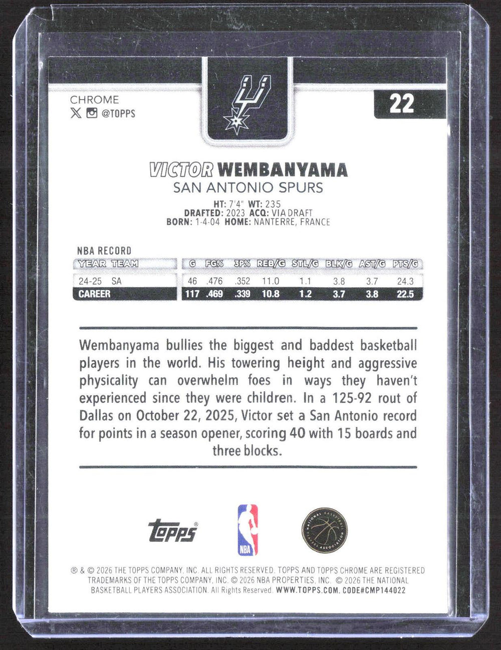 2025-26 Topps Chrome Update #22 Victor Wembanyama