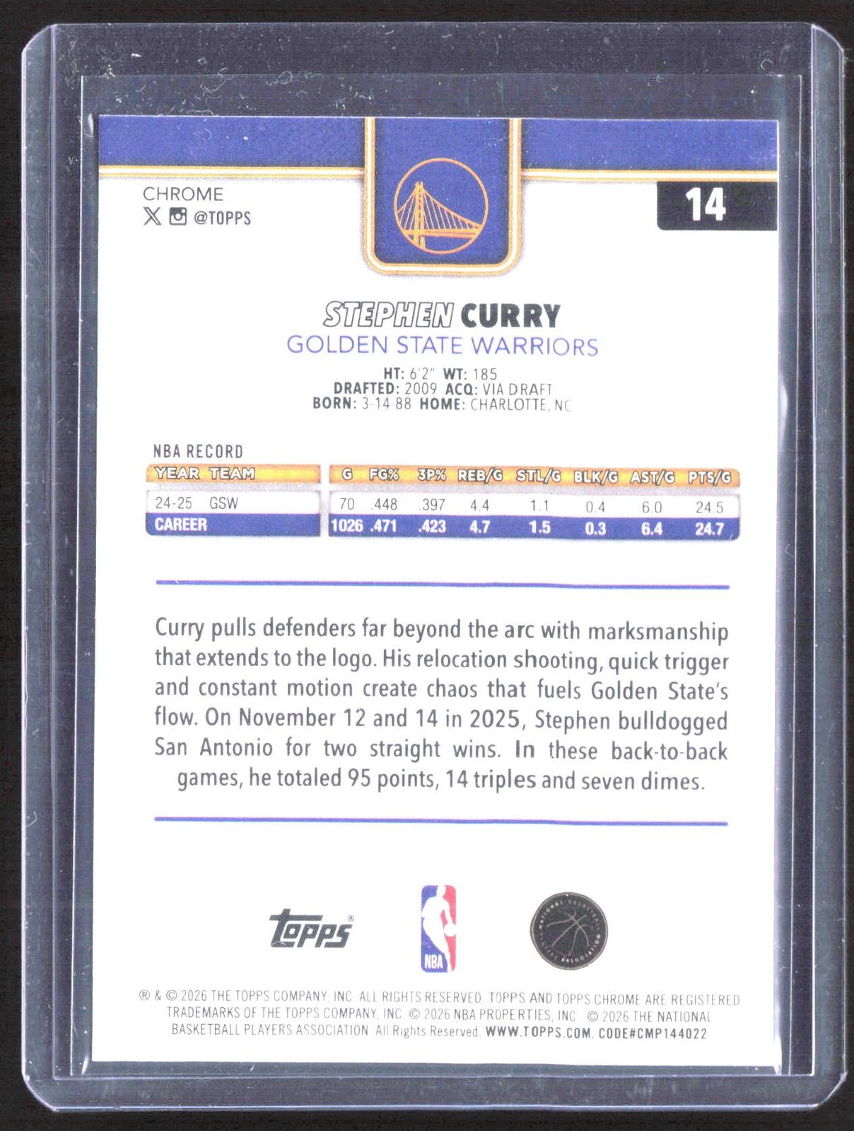 2025-26 Topps Chrome Update #14 Stephen Curry