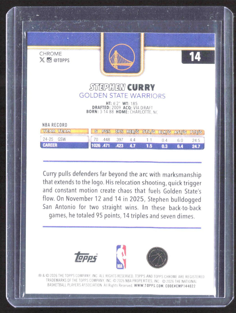 2025-26 Topps Chrome Update #14 Stephen Curry
