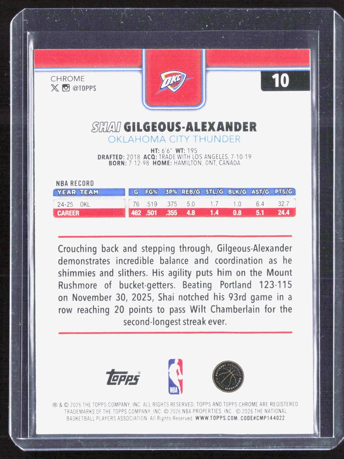 2025-26 Topps Chrome Update #10 Shai Gilgeous-Alexander Prism