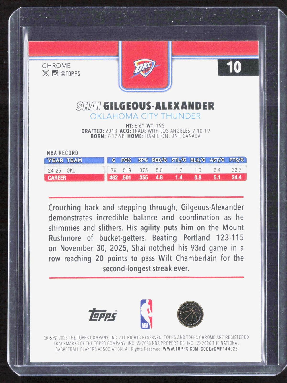 2025-26 Topps Chrome Update #10 Shai Gilgeous-Alexander Prism