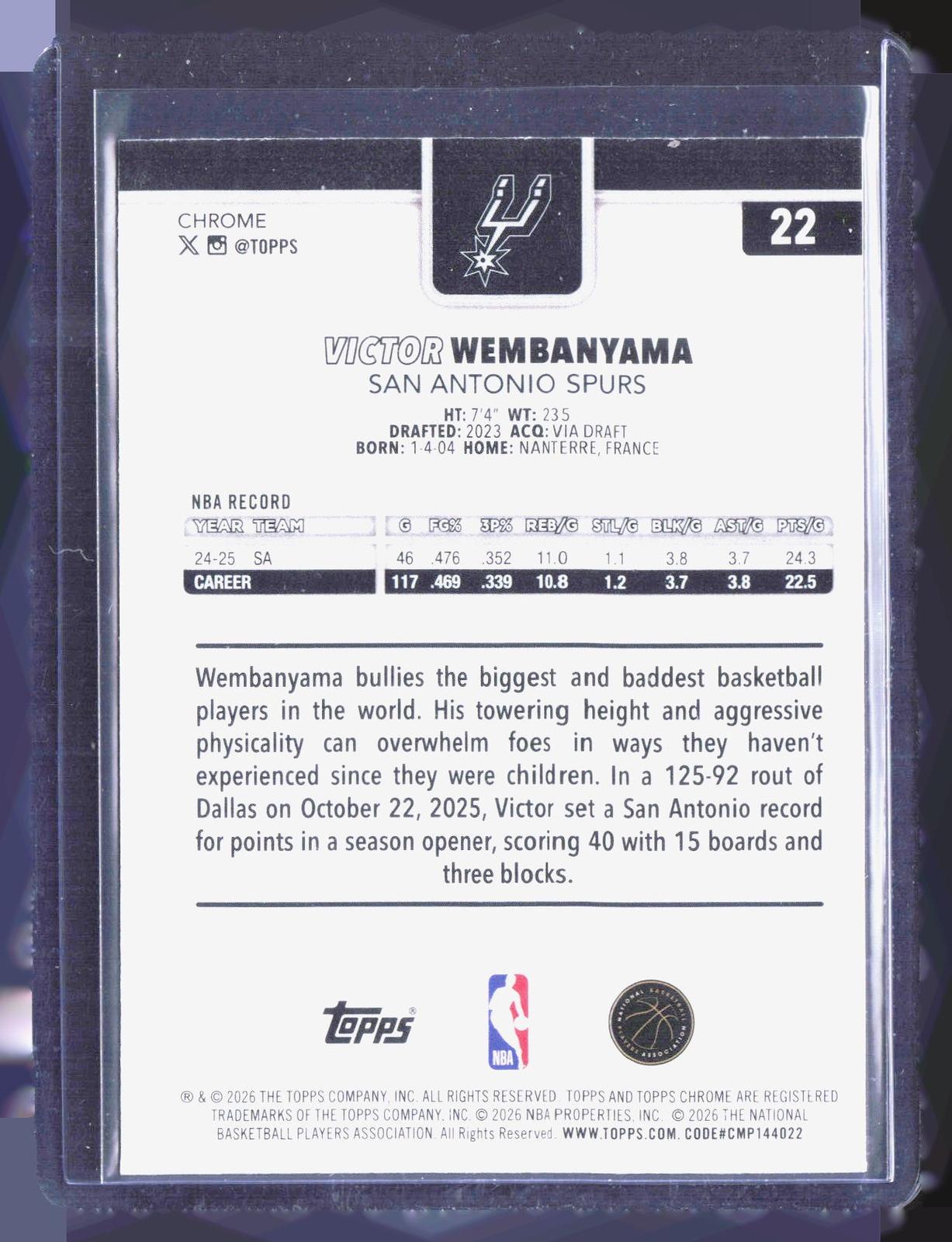 2025-26 Topps Chrome Update #22 Victor Wembanyama Prism