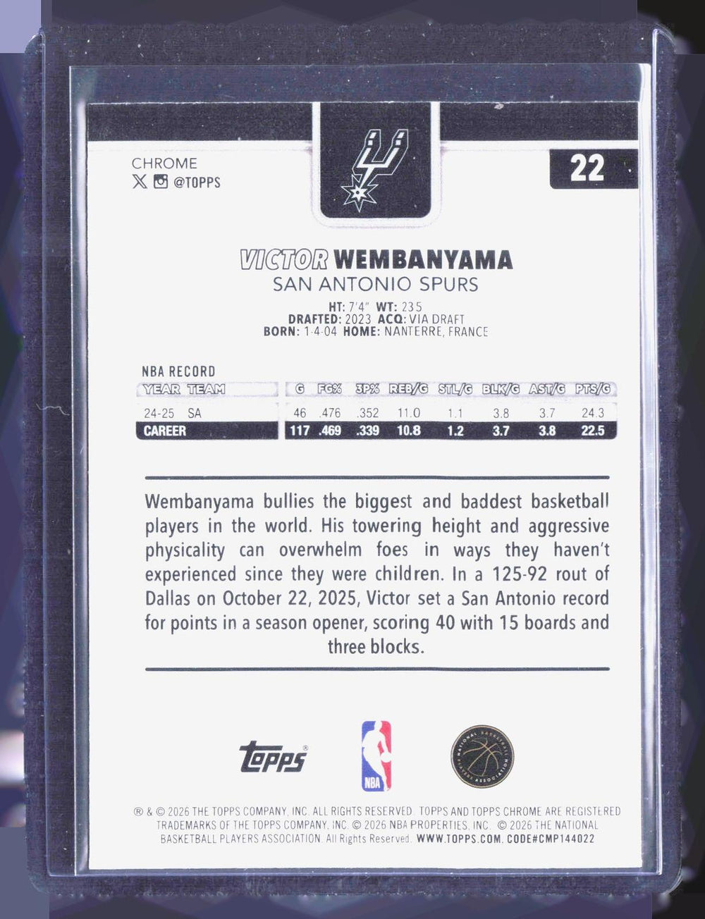 2025-26 Topps Chrome Update #22 Victor Wembanyama Prism