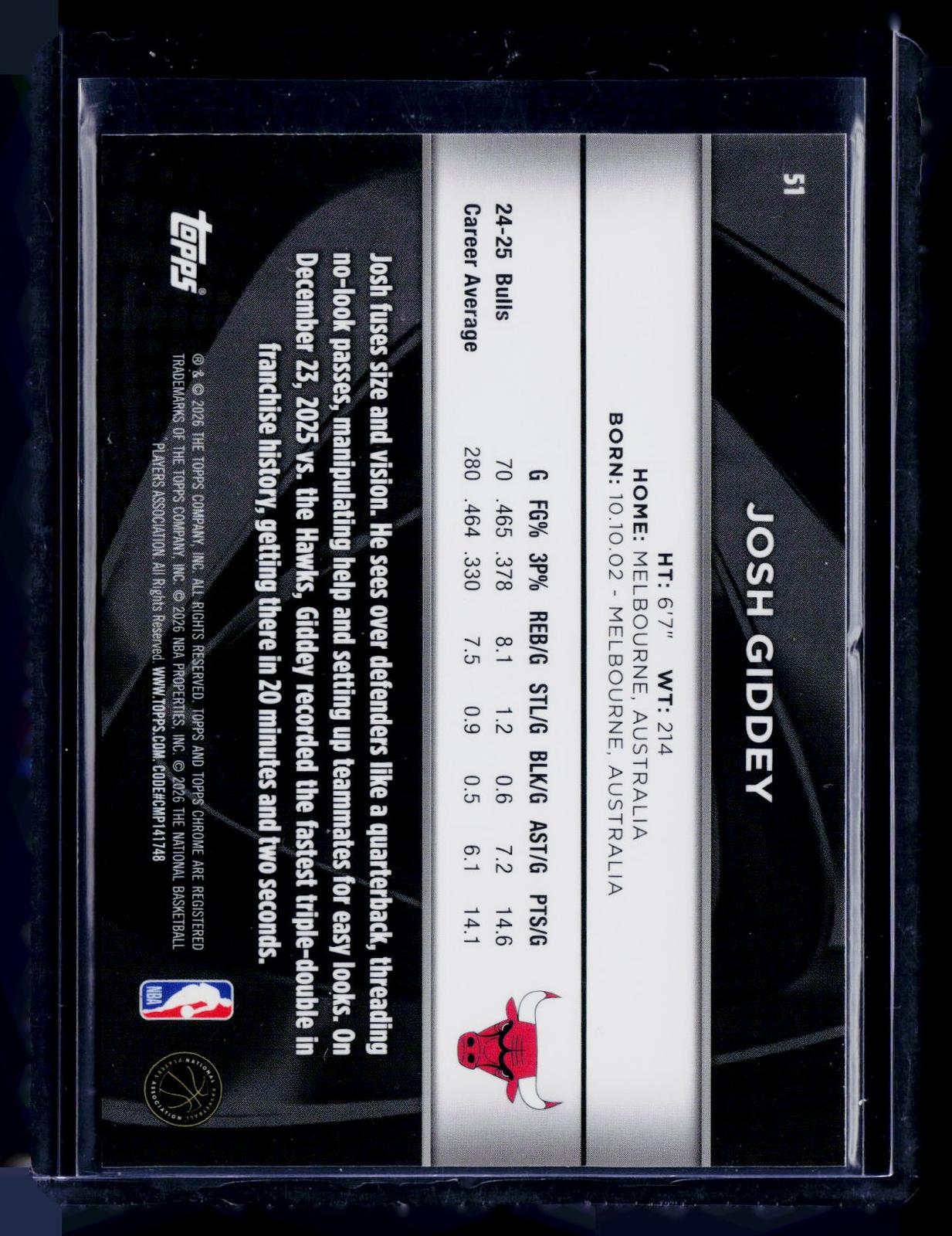 2025-26 Topps Chrome Black #51 Josh Giddey Refractor #/299
