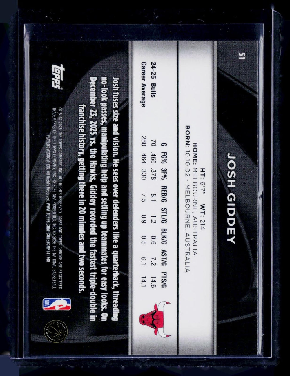 2025-26 Topps Chrome Black #51 Josh Giddey Refractor #/299