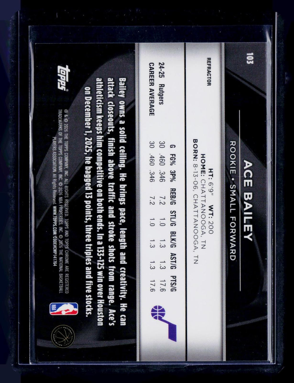 2025-26 Topps Chrome Black #103 Ace Bailey Refractor #/299