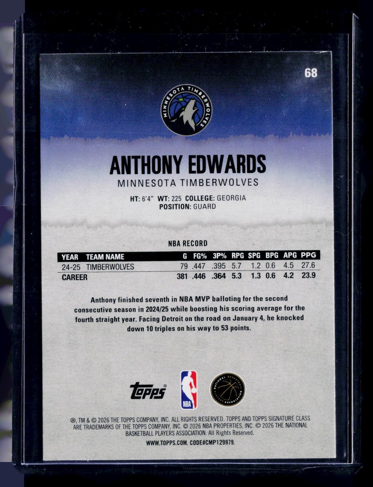 2025-26 Topps Signature Class #68 Anthony Edwards Purple #/100