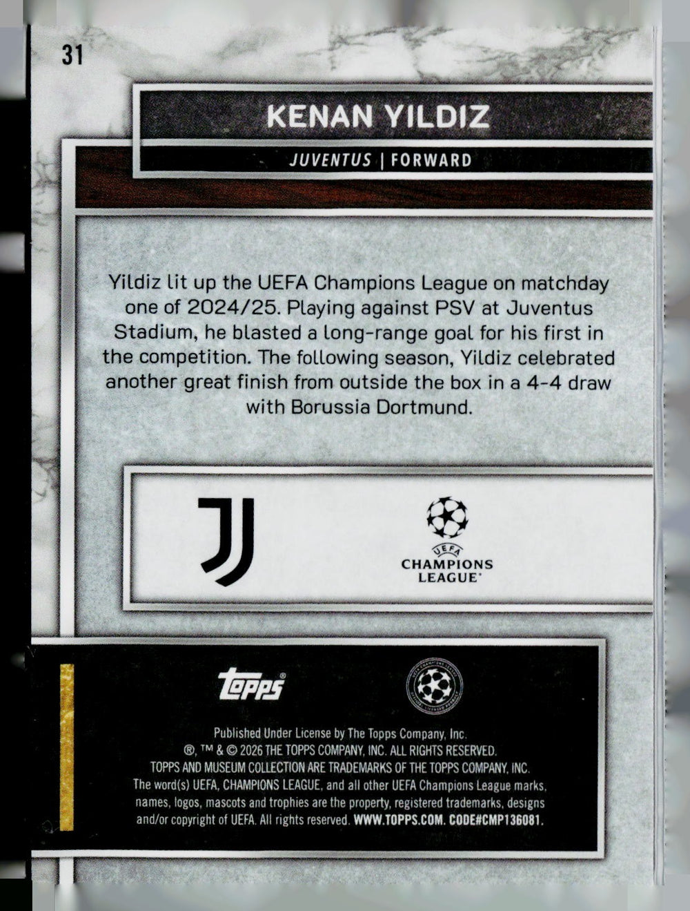 2025-26 Topps Museum Collection UEFA Club Competitions #31 Kenan Yildiz /50