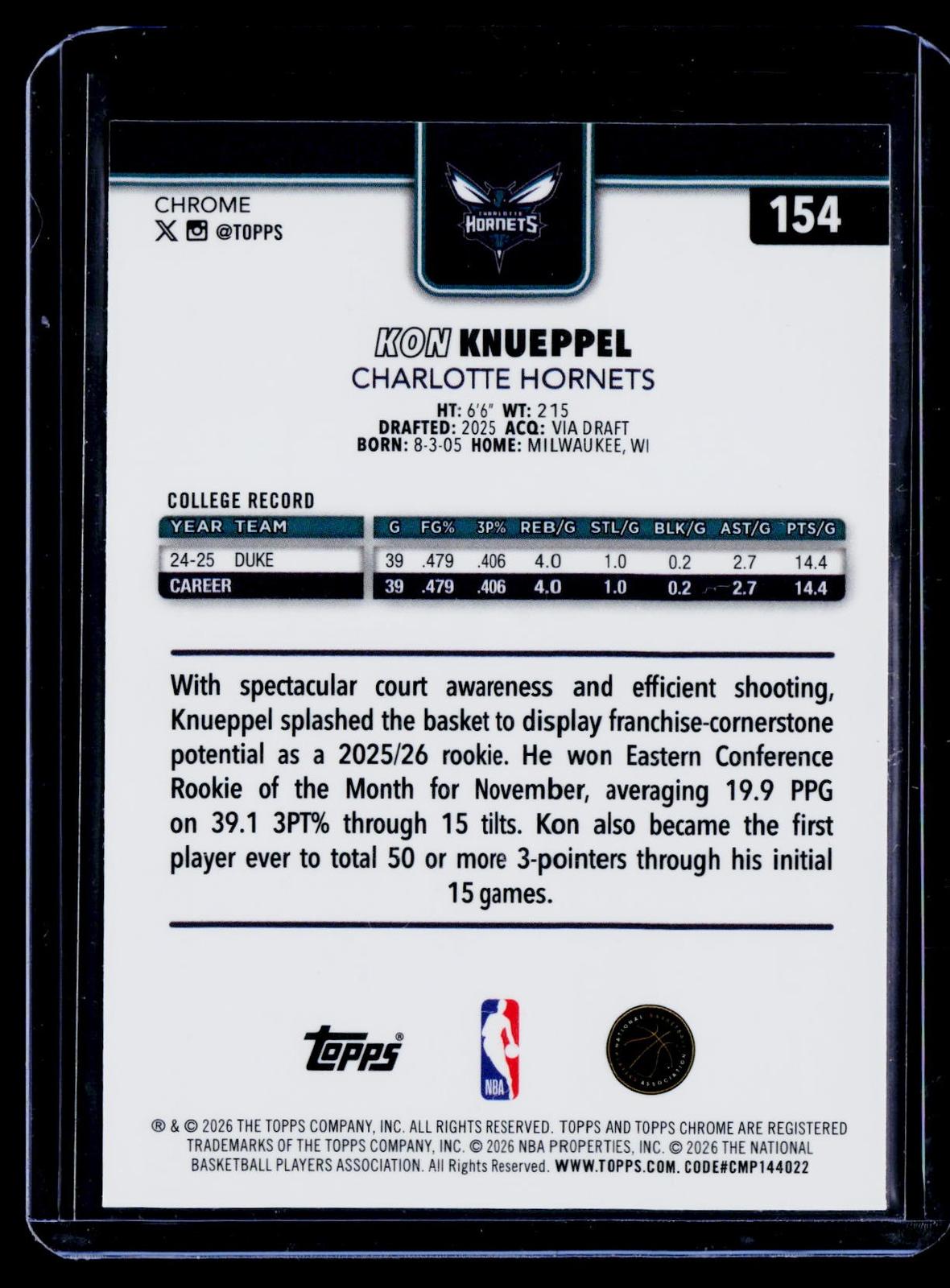 2025-26 Topps Chrome Update #154 Kon Knueppel Speckle Refractor