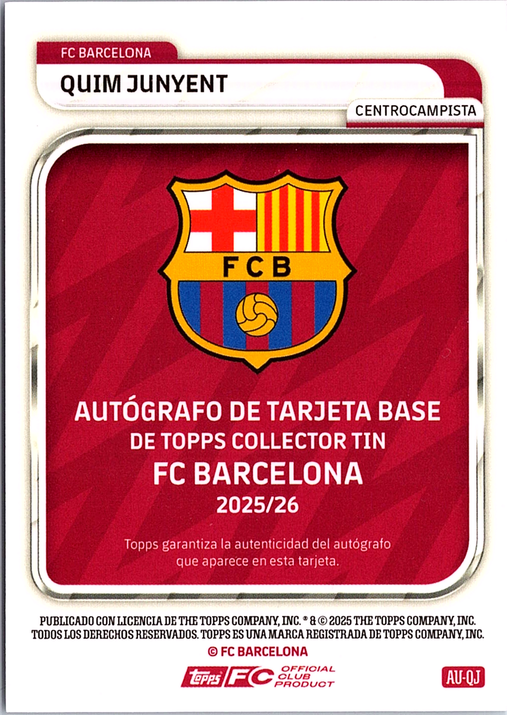 Quim Junyent Topps FC Barcelona Collector Tin - Autographs AU-QJ NM (Back)