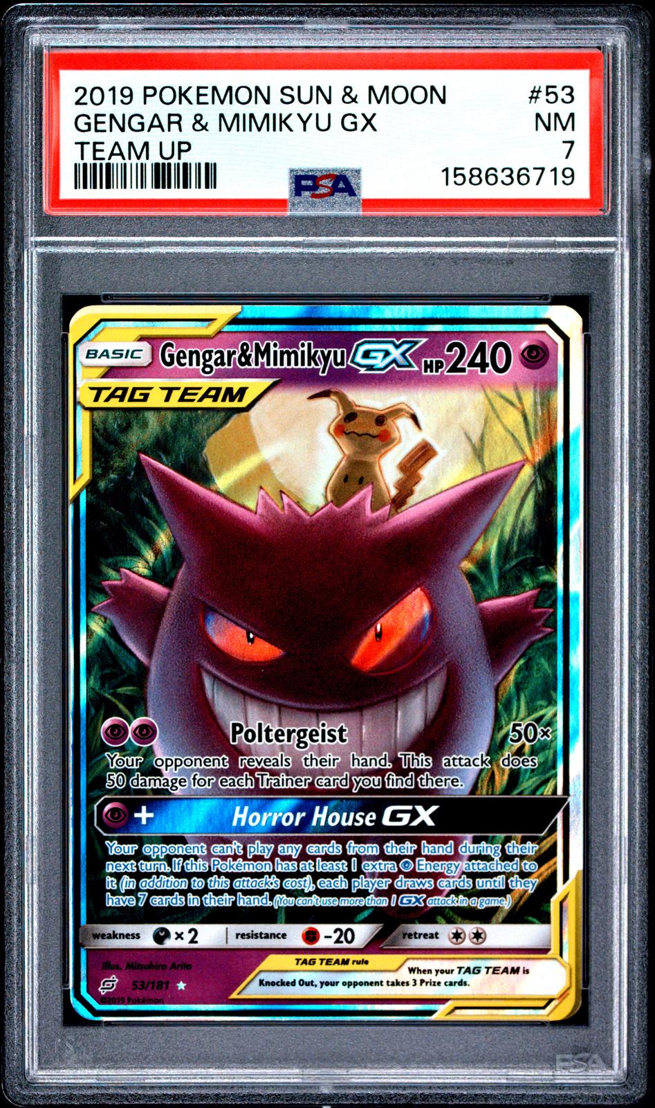 2019 Pokemon Sun & Moon Team Up #53 Gengar & Mimikyu Gx Team Up PSA 7