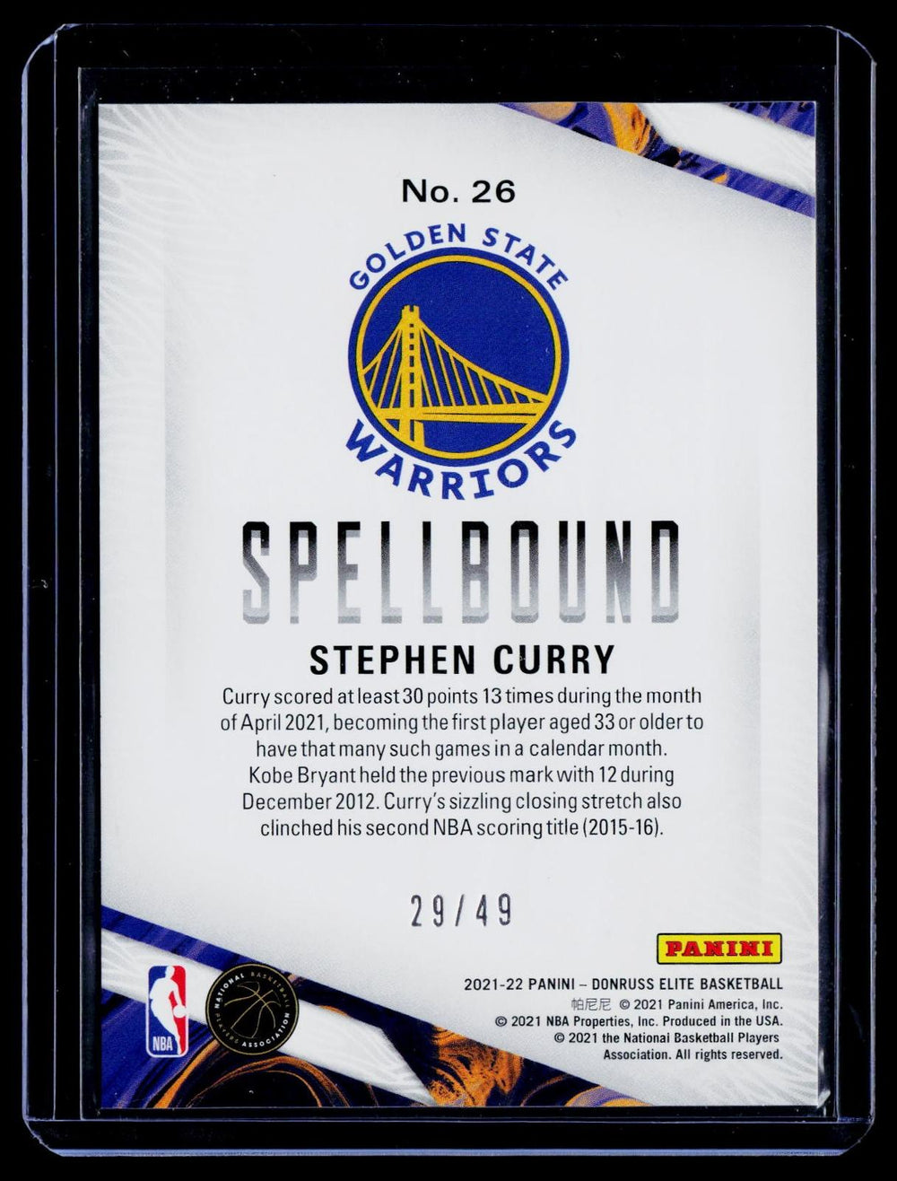 2021-22 Donruss Elite #26 Stephen Curry Spellbound Purple #/49