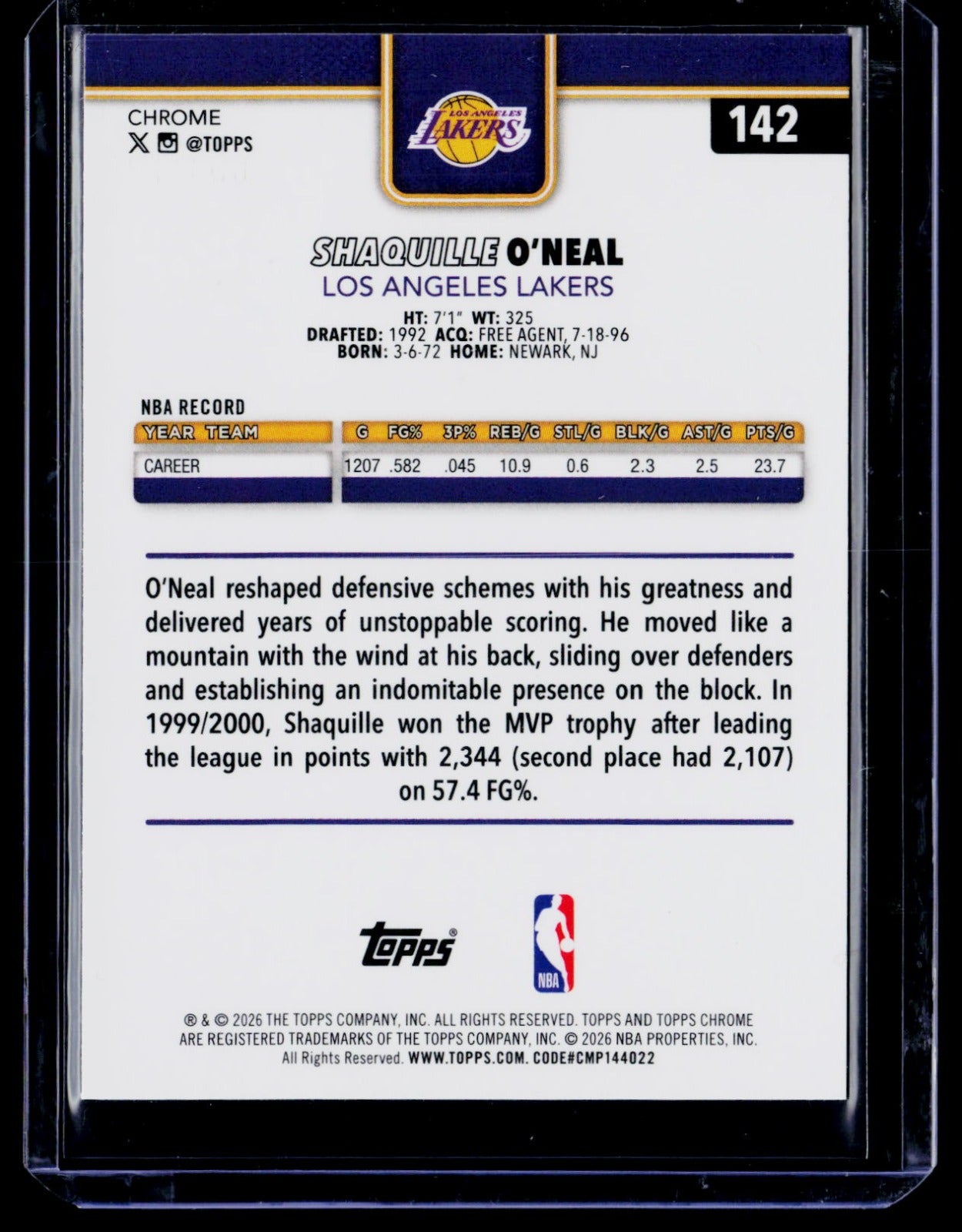 Shaquille O’Neal Topps Chrome Update - Aqua Basketball Refractor 142 NM