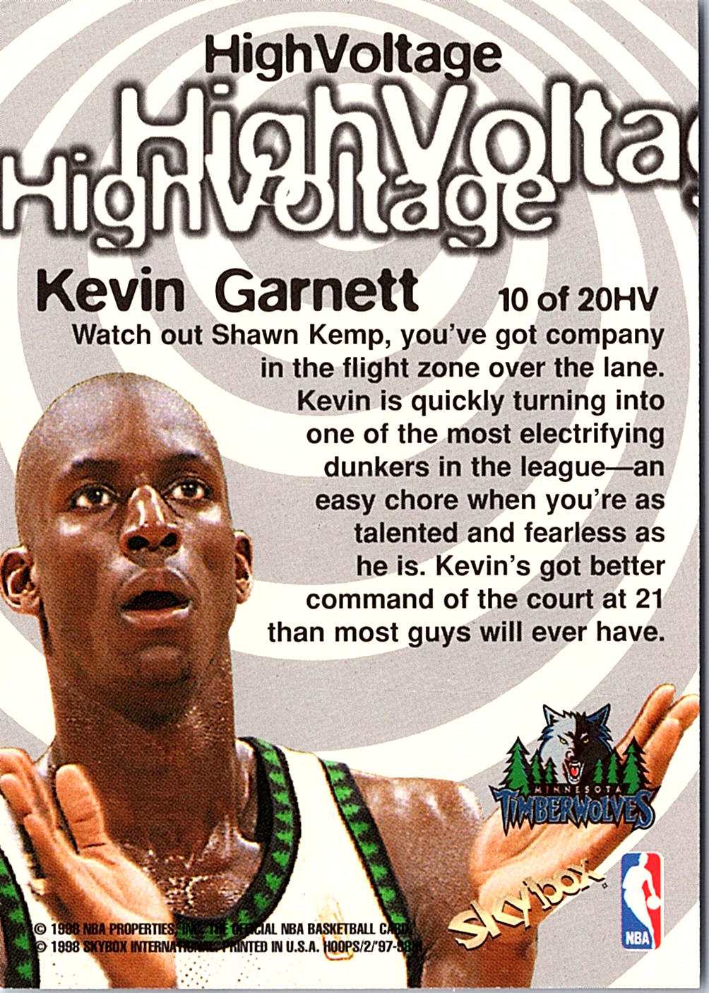 1997-98 Hoops - High Voltage Kevin Garnett 10 HV Minnesota Timberwolves (Back)