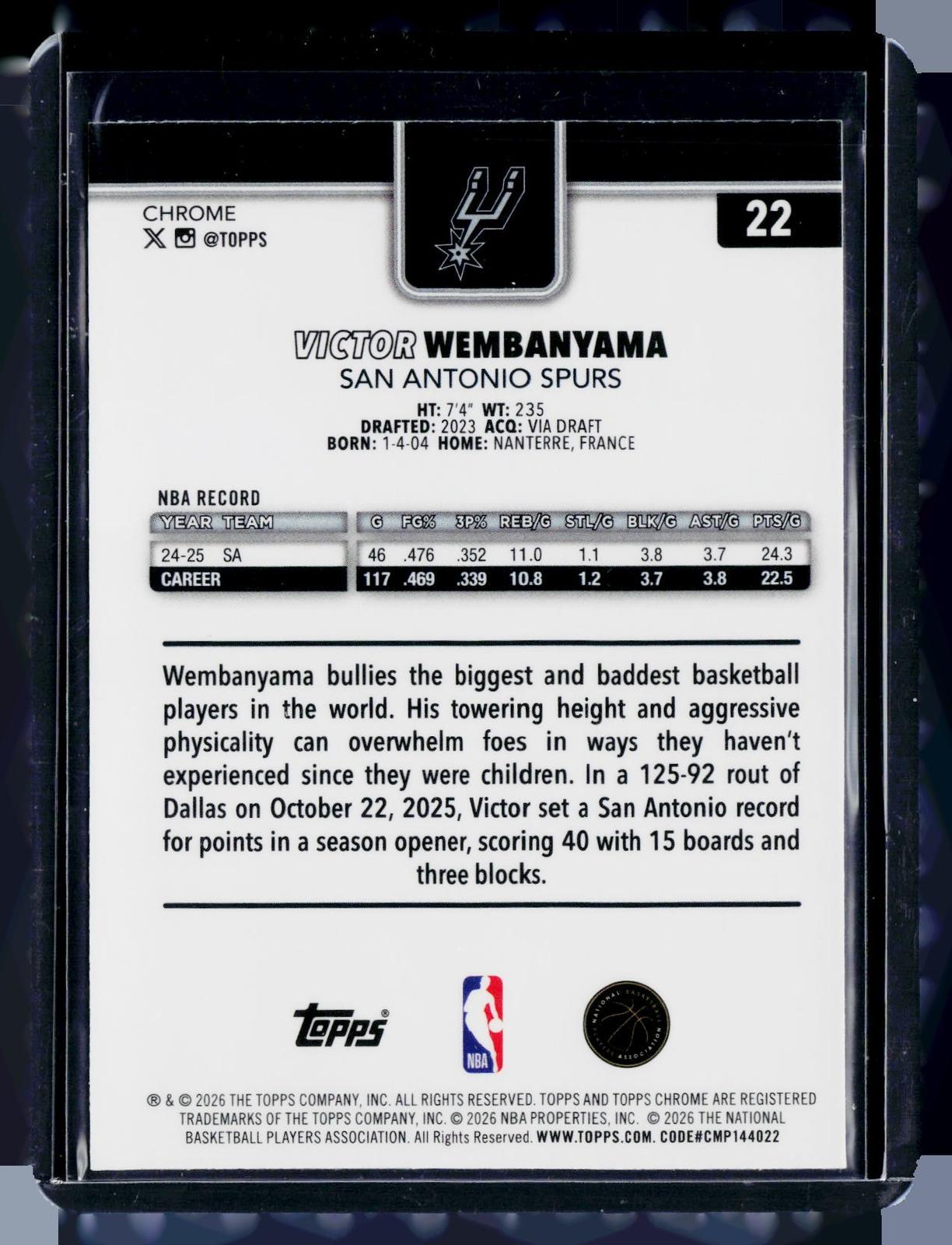 2025-26 Topps Chrome Update #22 Victor Wembanyama X-Fractor