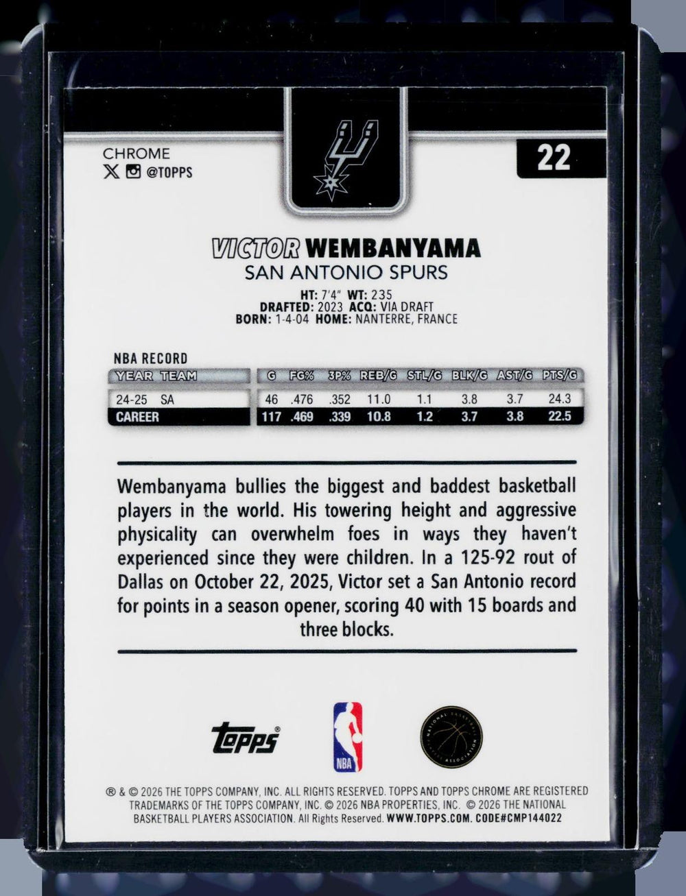 2025-26 Topps Chrome Update #22 Victor Wembanyama X-Fractor