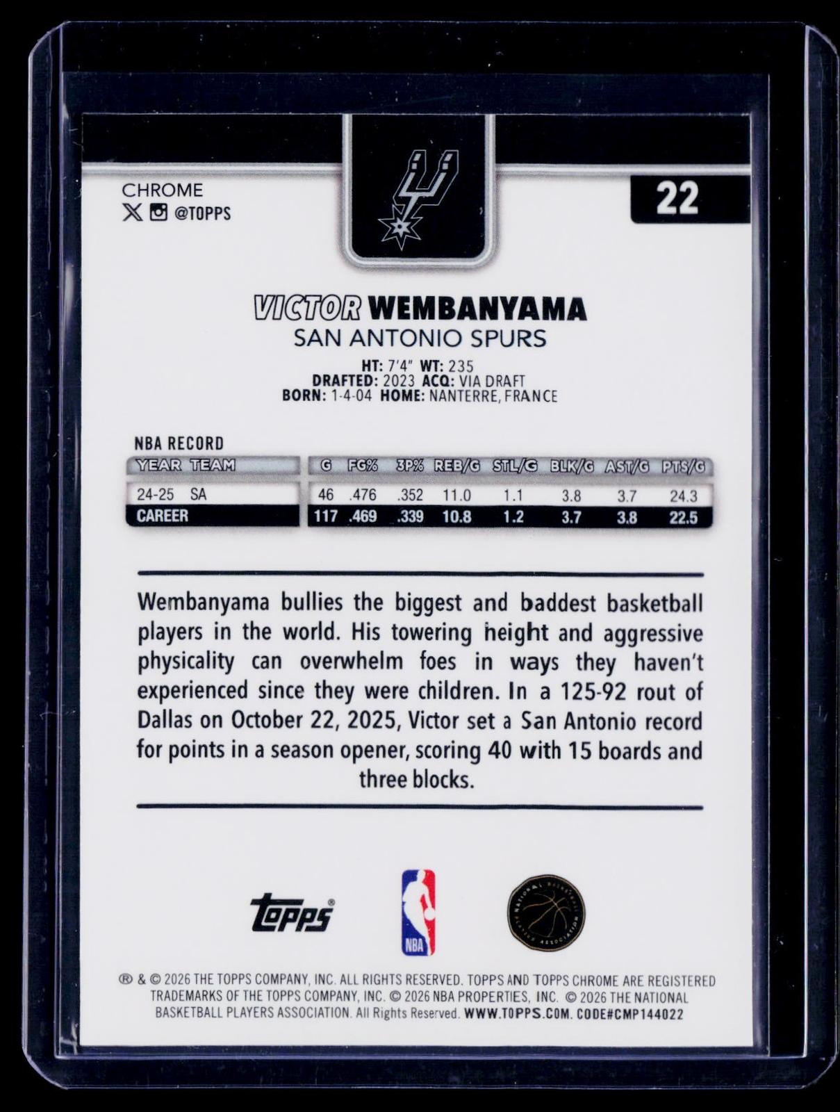 2025-26 Topps Chrome Update #22 Victor Wembanyama RayWave