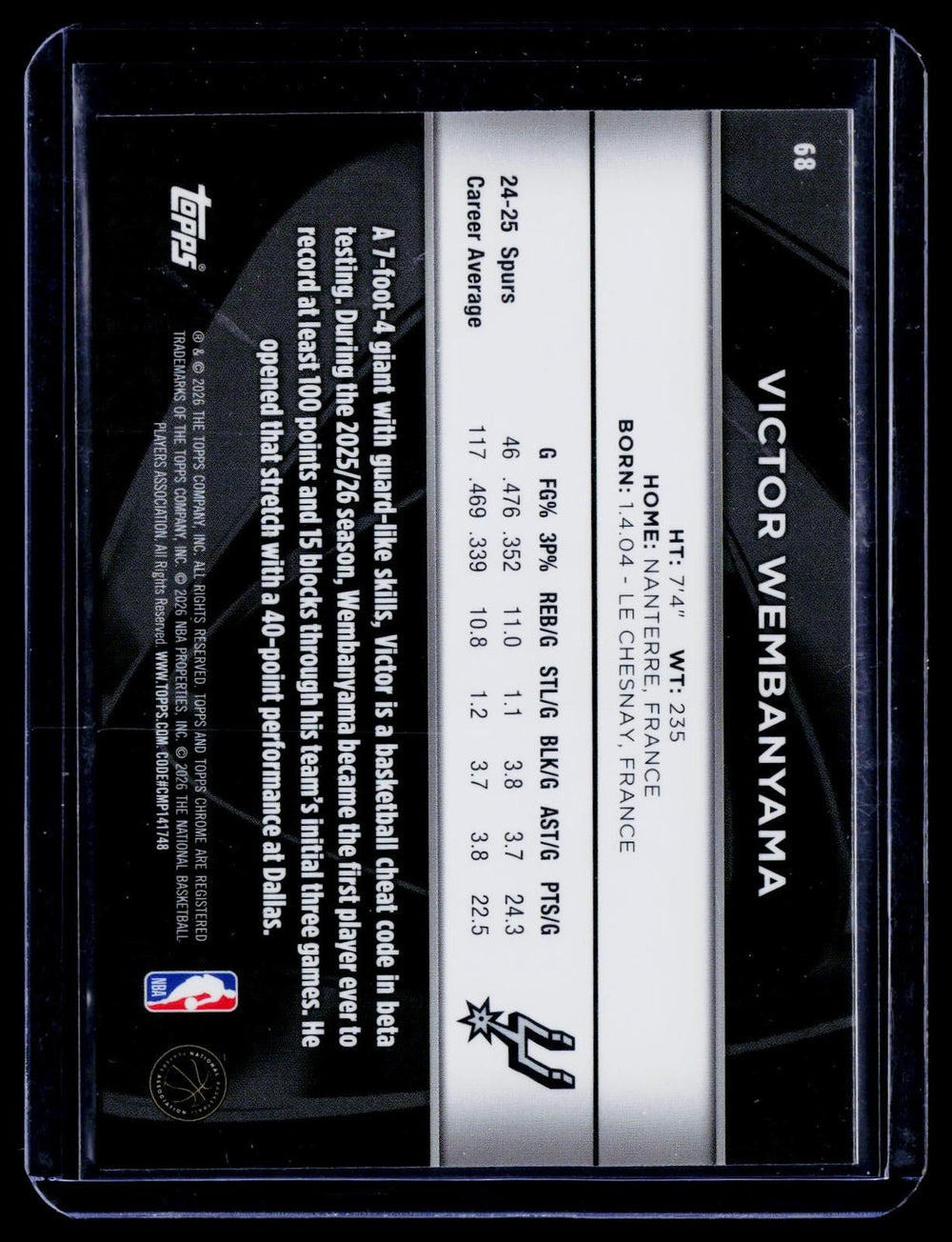 2025-26 Topps Chrome Black #68 Victor Wembanyama