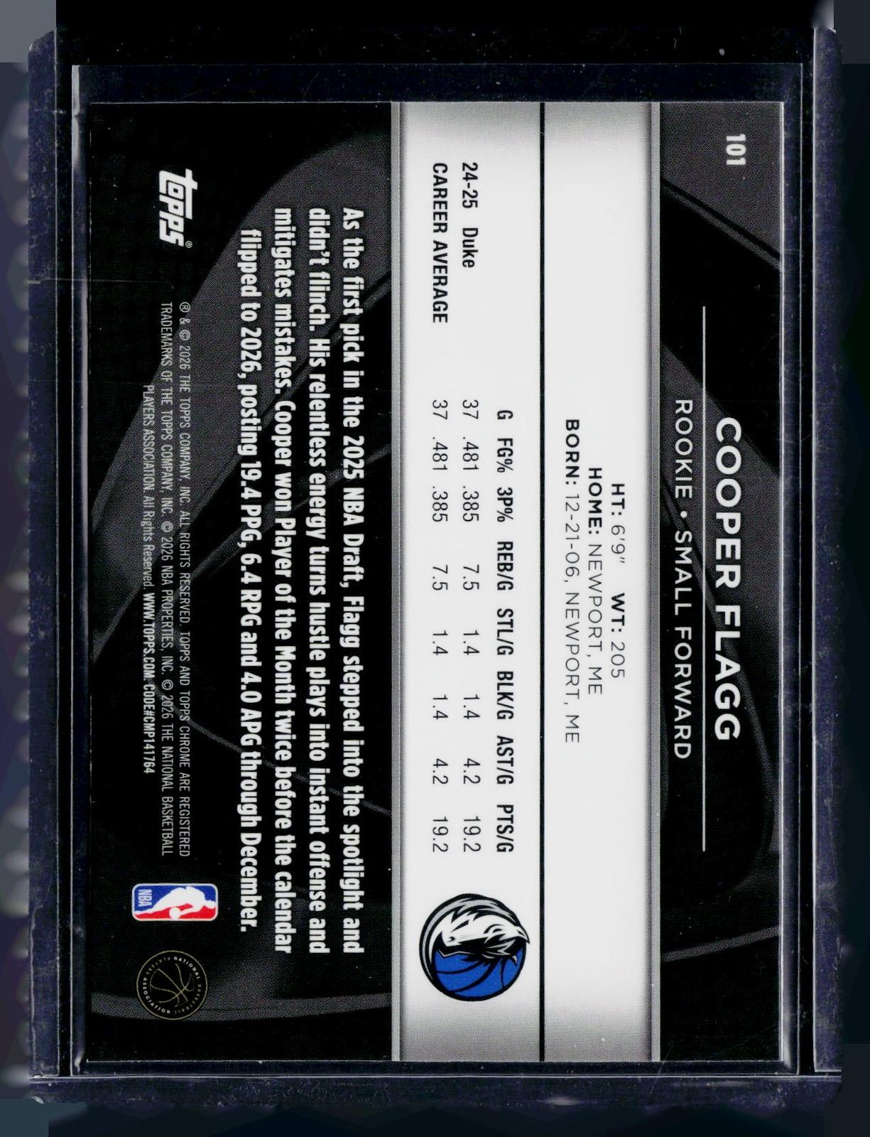 2025-26 Topps Chrome Black #101 Cooper Flagg RC