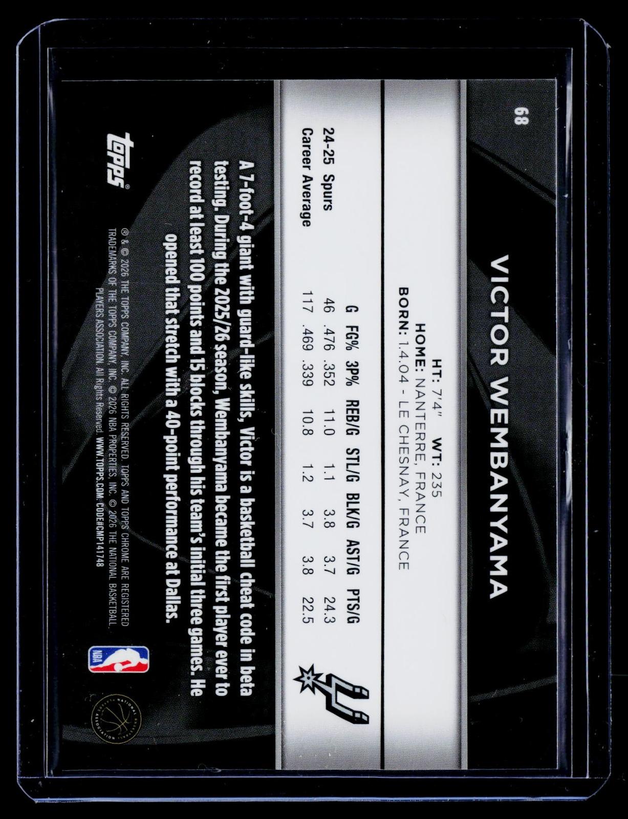 2025-26 Topps Chrome Black #68 Victor Wembanyama Refractor #/299