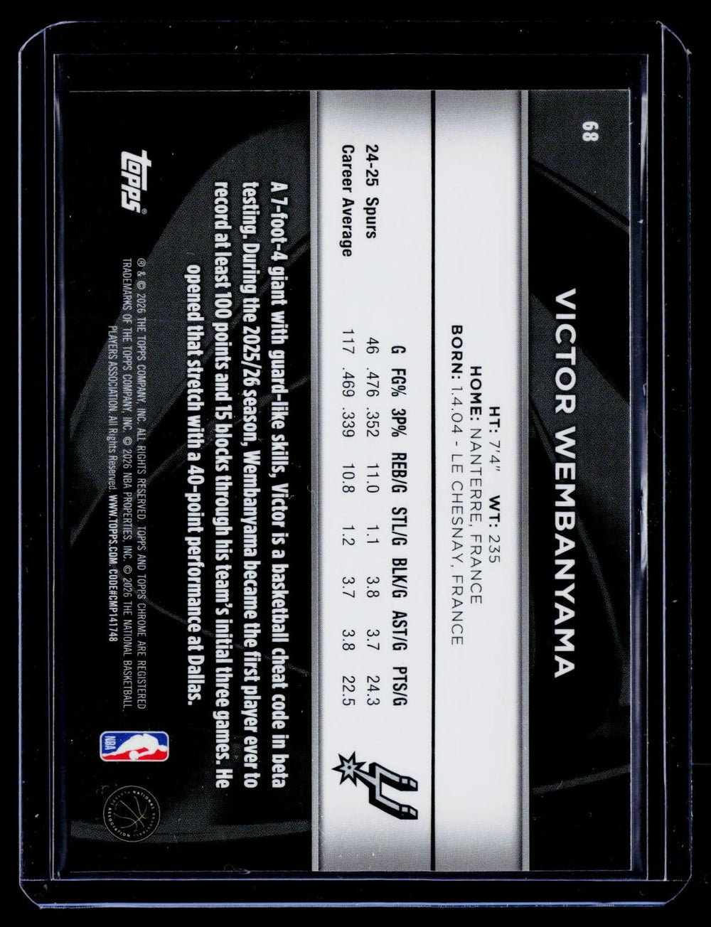 2025-26 Topps Chrome Black #68 Victor Wembanyama Refractor #/299