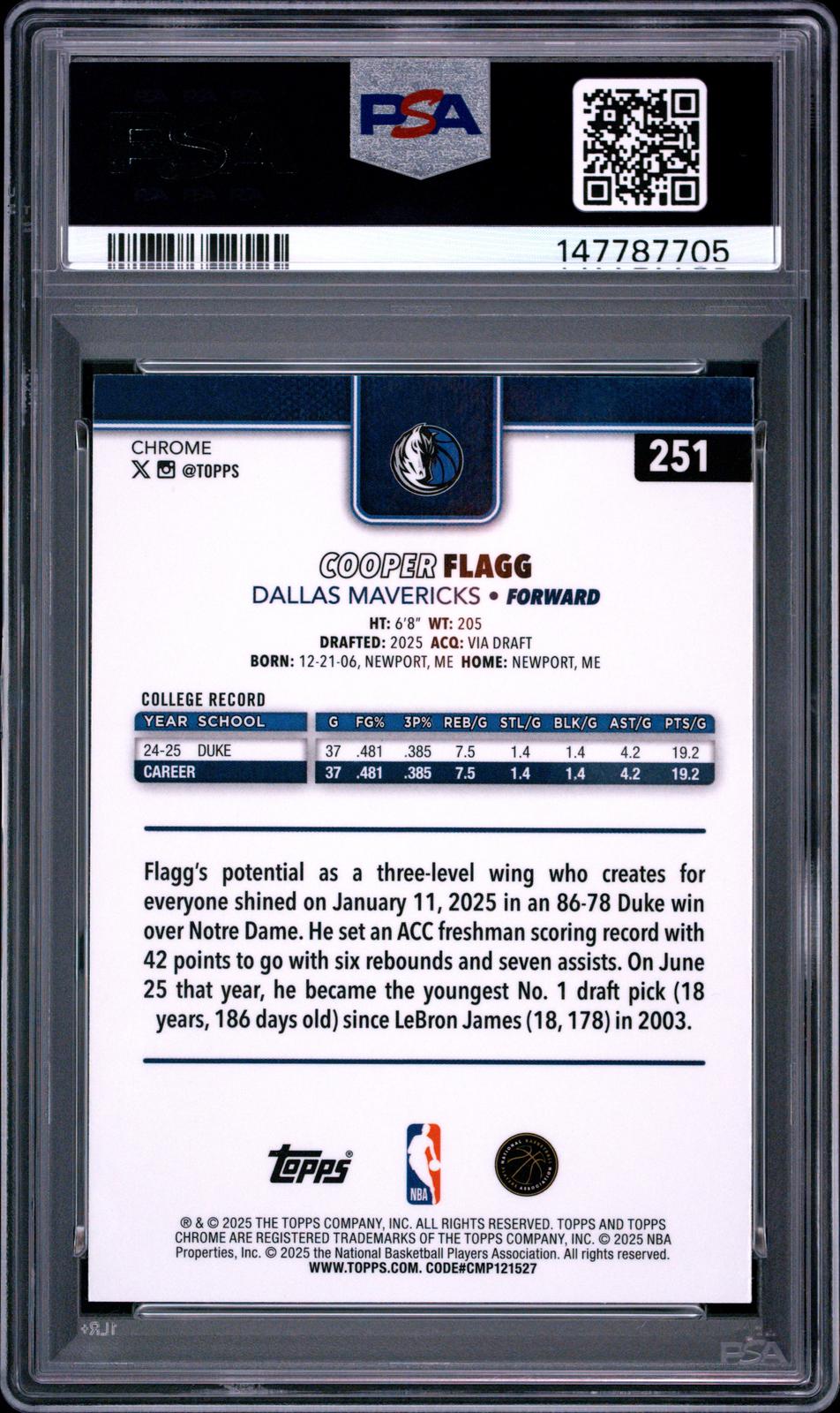 2025 Topps Chrome #251 Cooper Flagg PSA 8
