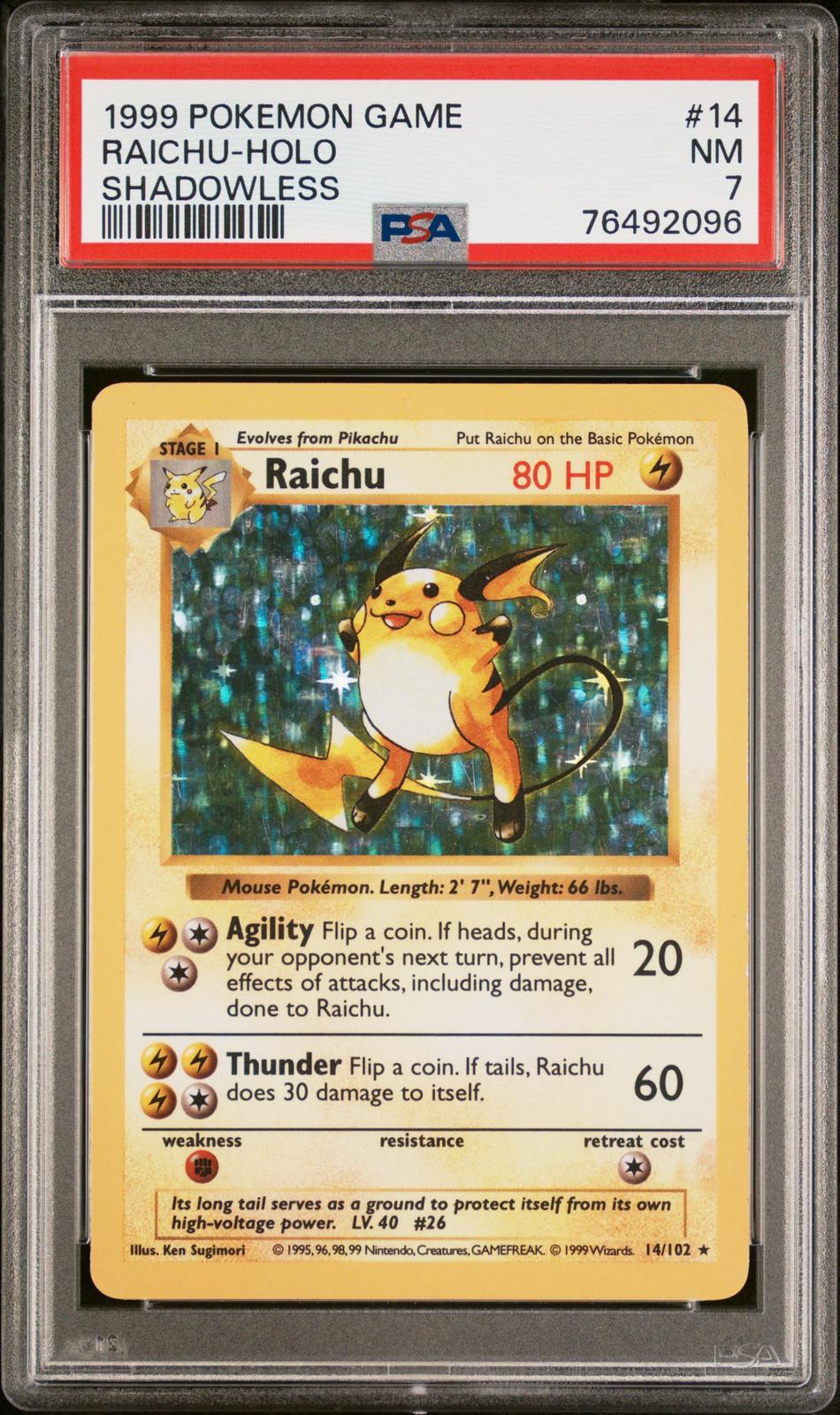 1999 Pokemon Game #14 Raichu-Holo Shadowless PSA 7