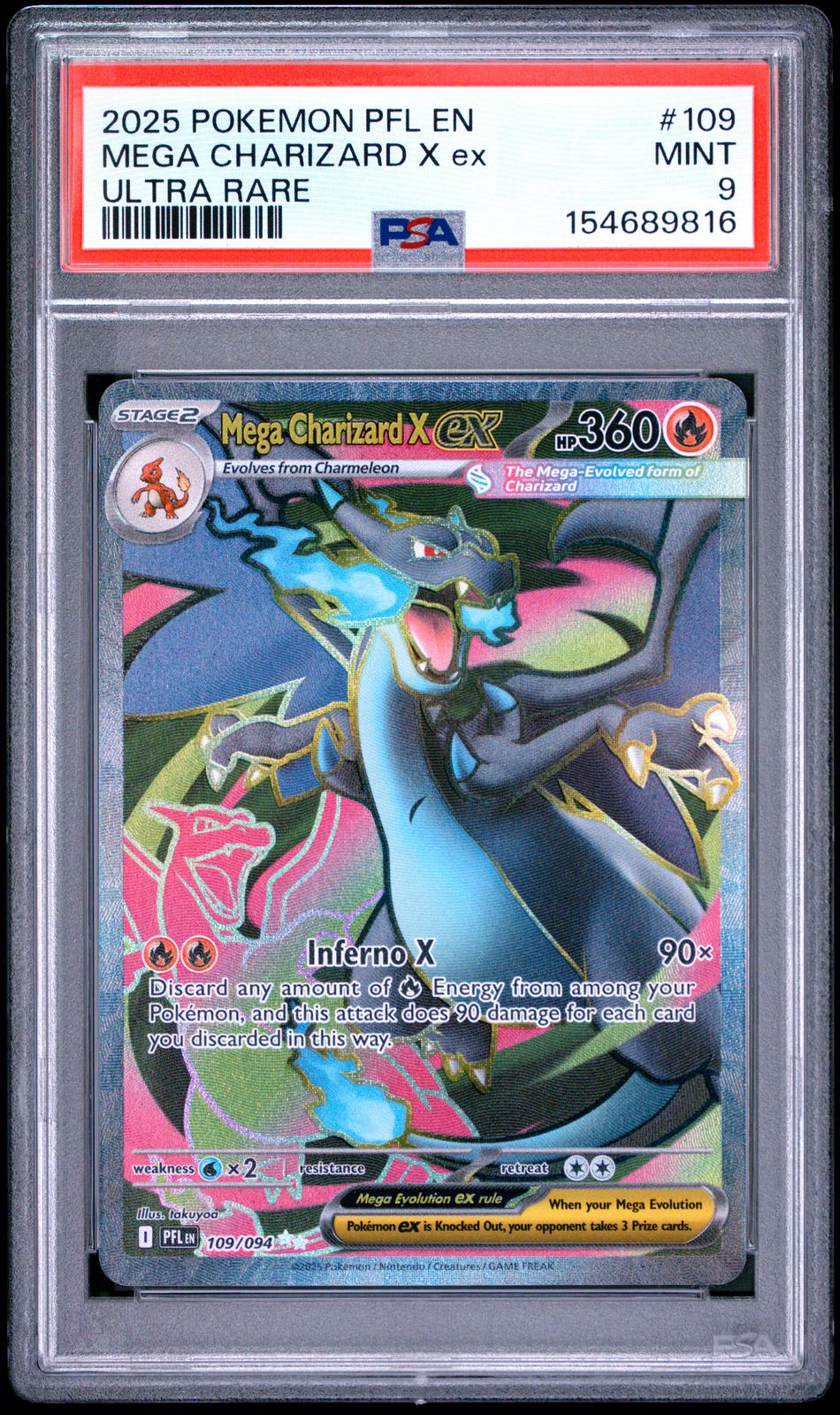 2025 Pokemon Pfl En-Phantasmal Flames #109 Mega Charizard X Ex Ultra Rare PSA 9