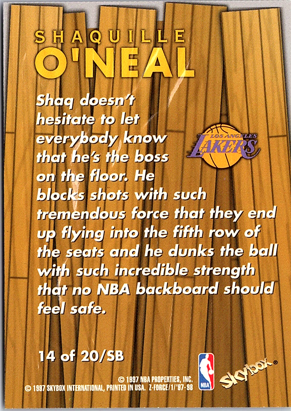 1997-98 SkyBox Z-Force - Super Boss Shaquille O'Neal 14 /SB Basketball (Back)