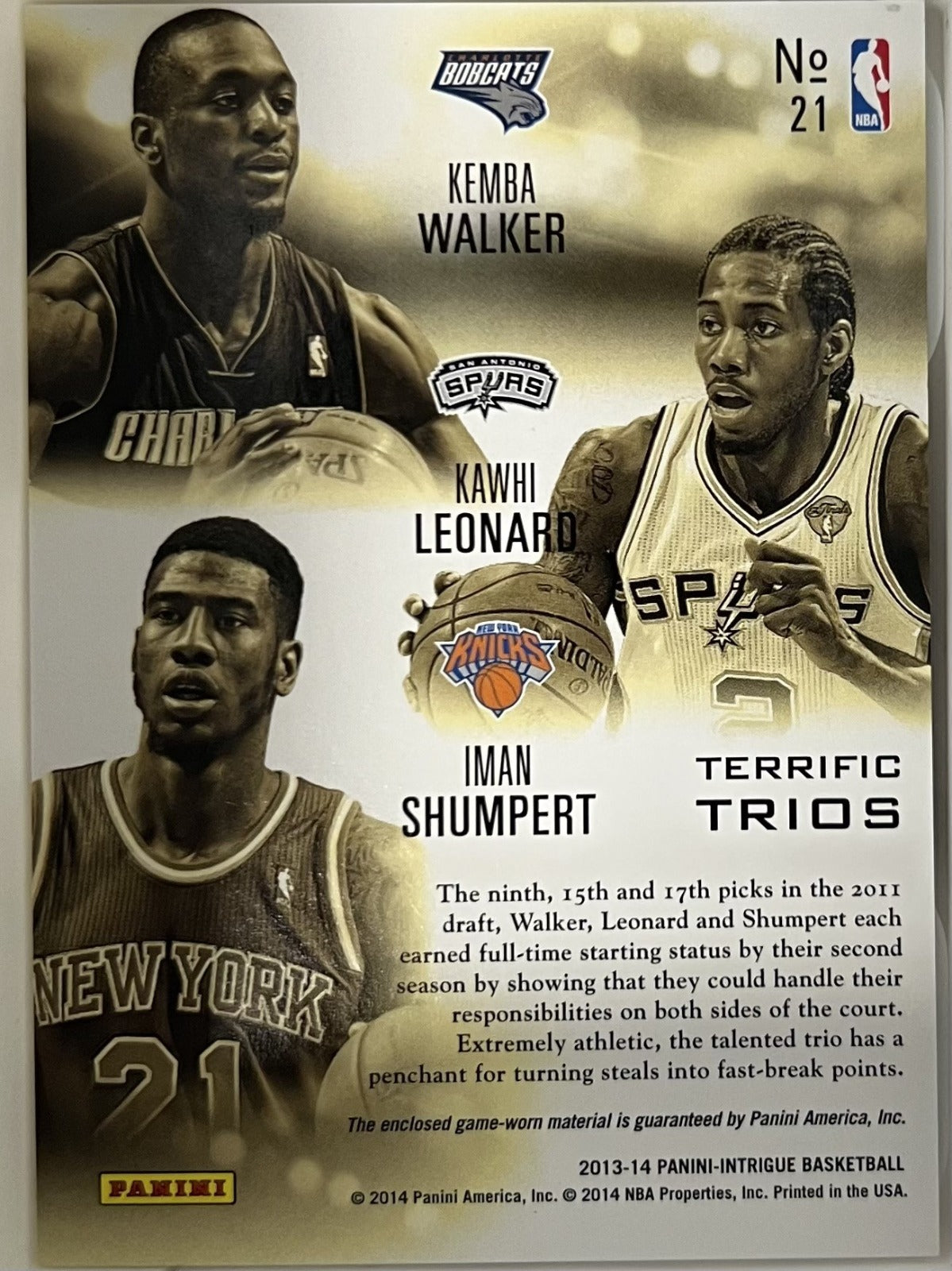 Iman Shumpert / Kawhi Leonard / Kemba Walker Panini Intrigue - Terrific Trios NM (Back)