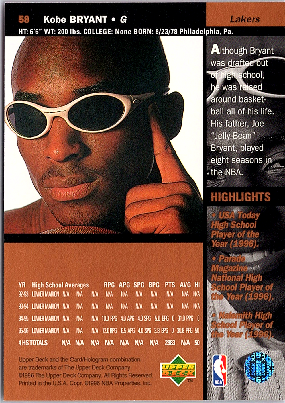 1996-97 Upper Deck Kobe Bryant 58 Los Angeles Lakers (Back)