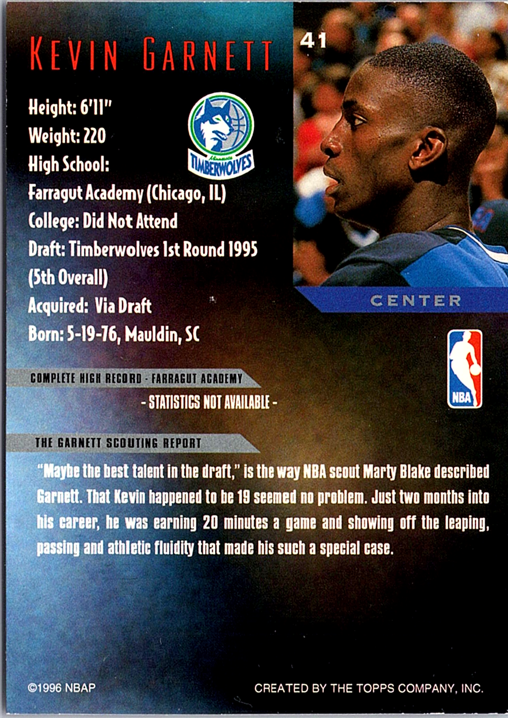 1995-96 Topps Gallery - Player's Private Issue Kevin Garnett 41 Minnesota (Back)