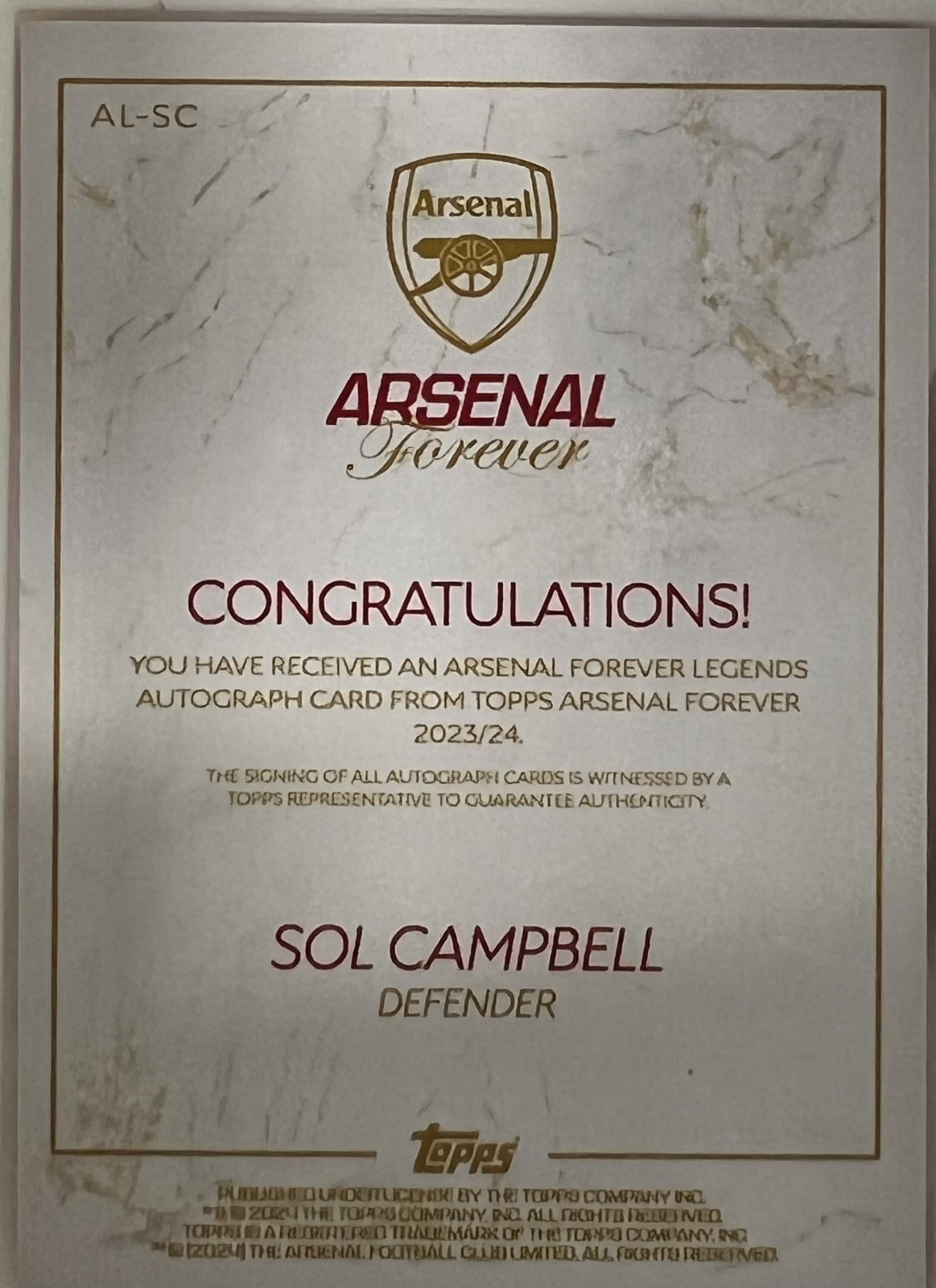 Sol Campbell Topps Forever Arsenal - Legend Autographs /75 AL-SC NM (Back)
