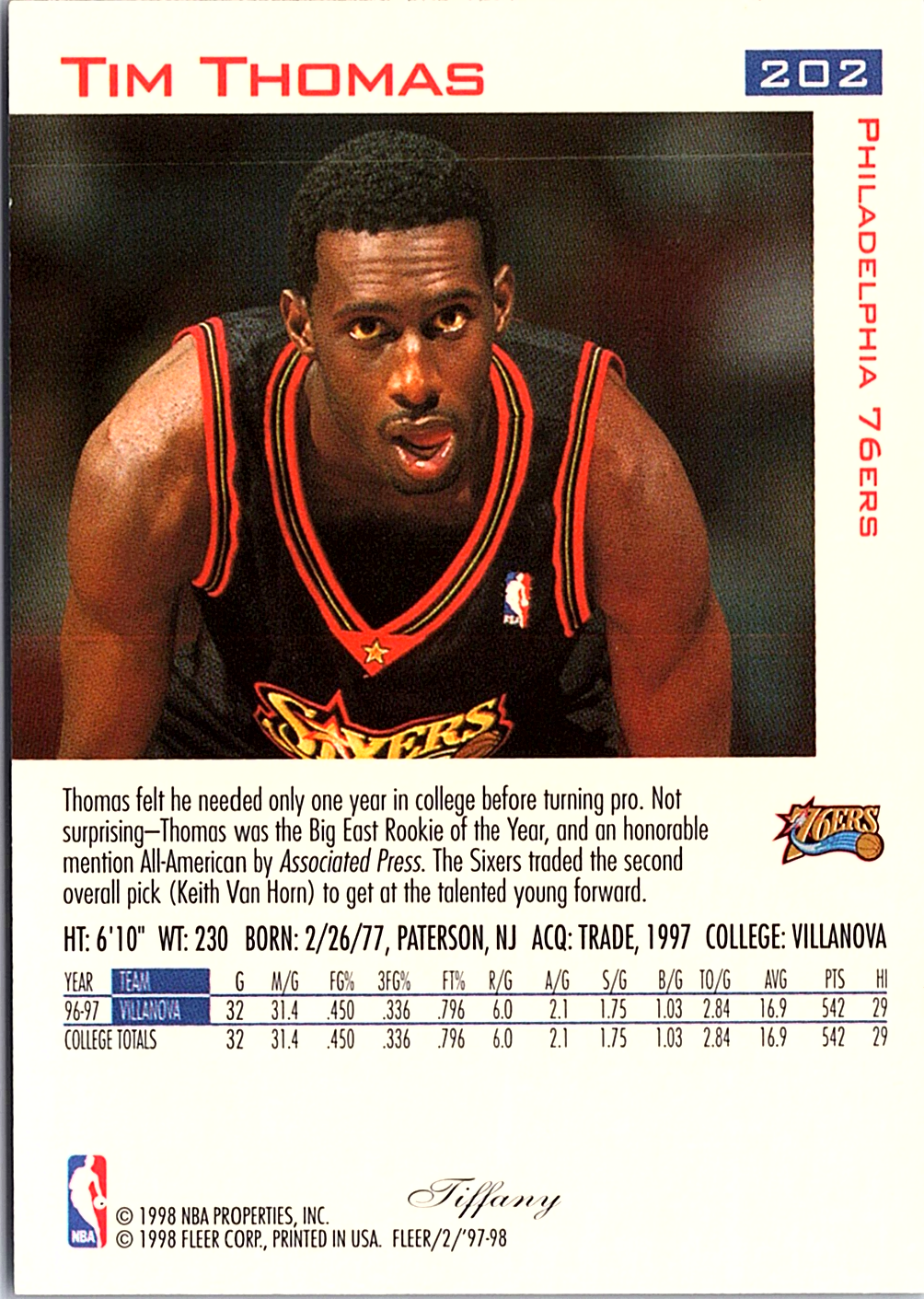 1997-98 Fleer Tim Thomas 202 Basketball Philadelphia 76ers (Back)
