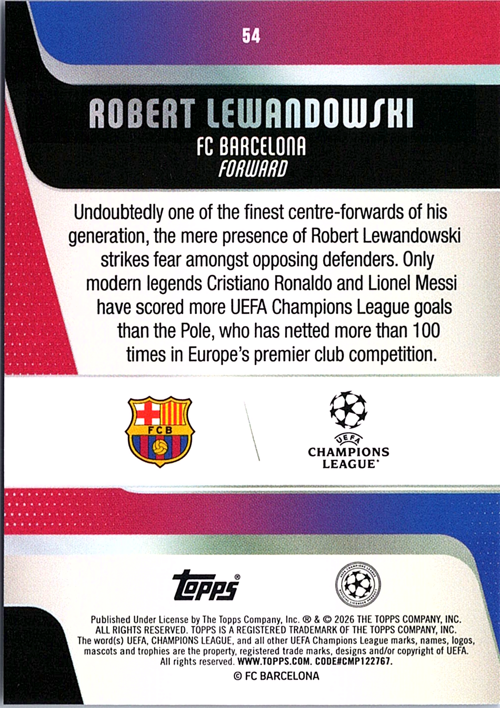 Robert Lewandowski Topps UEFA Club Competitions - Blue Foil 54 NM (Back)