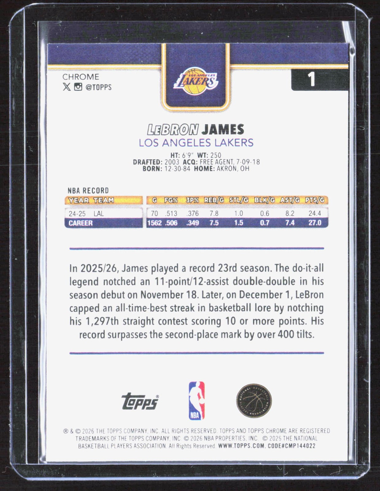 2025-26 Topps Chrome Update LeBron James 1 Basketball Los Angeles Lakers