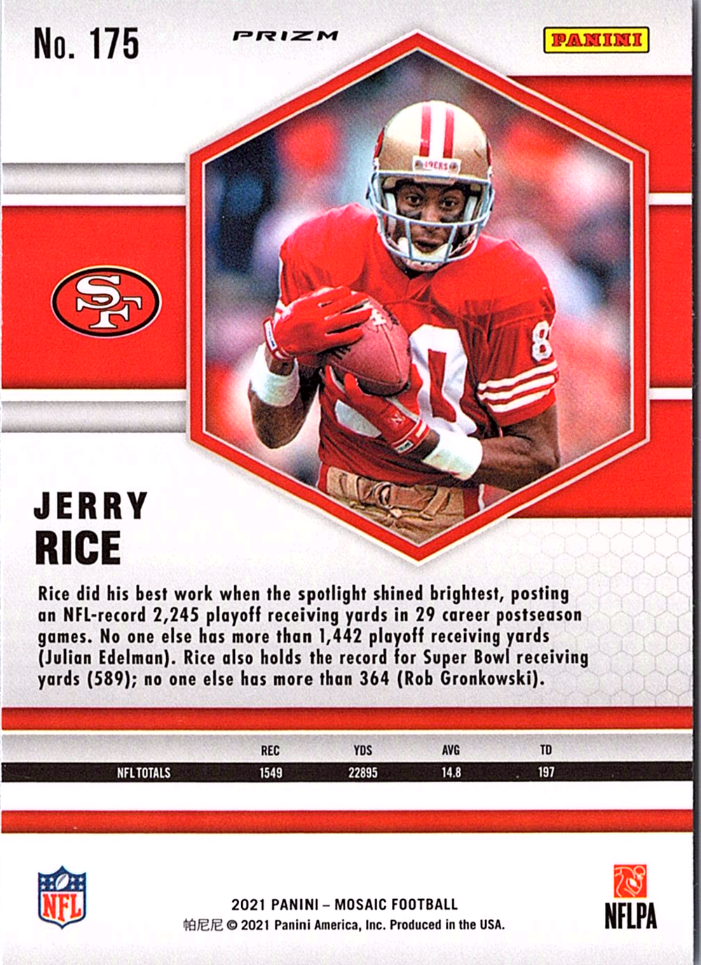 2021 Panini Mosaic - Prizm Camo Pink Jerry Rice 175 Football San Francisco 49ers (Back)