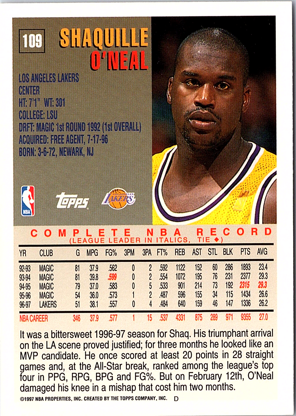 1997-98 Topps Shaquille O'Neal 109 Basketball Los Angeles Lakers (Back)