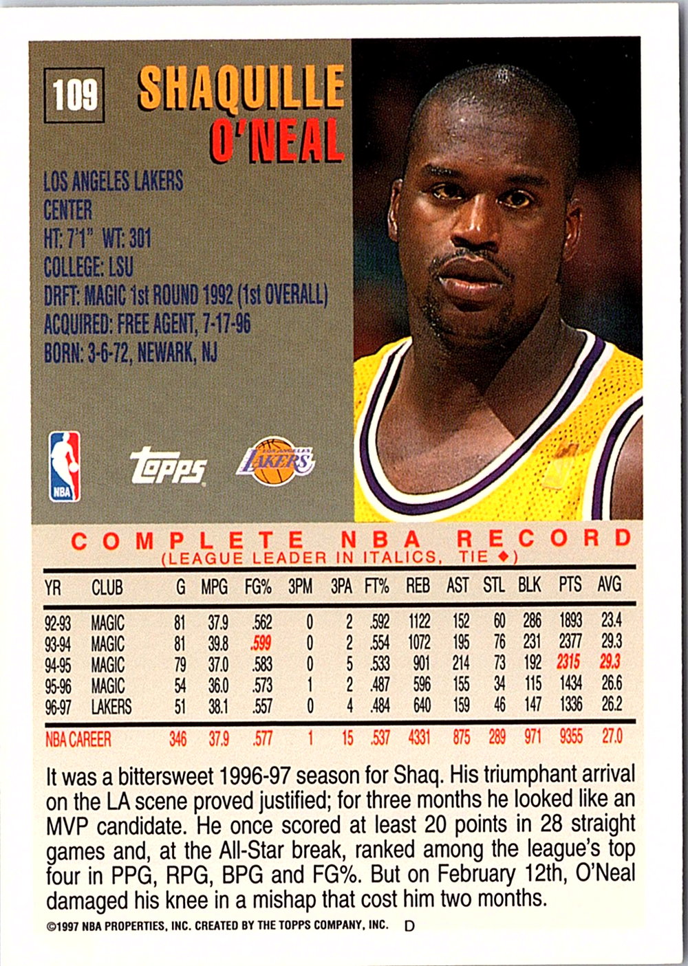 1997-98 Topps Shaquille O'Neal 109 Basketball Los Angeles Lakers (Back)