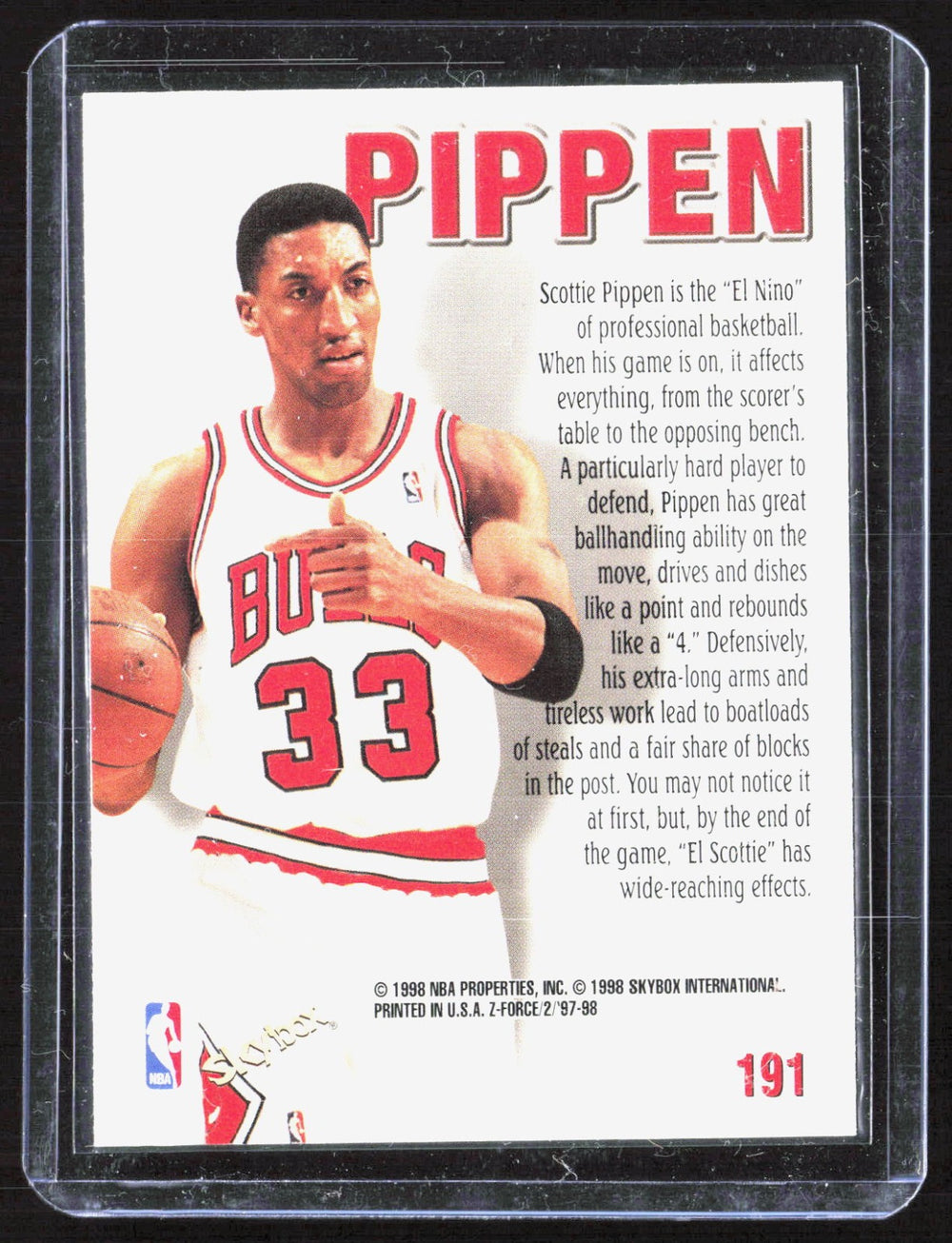 1997-98 SkyBox Z-Force Scottie Pippen 191 Basketball Chicago Bulls (Back)