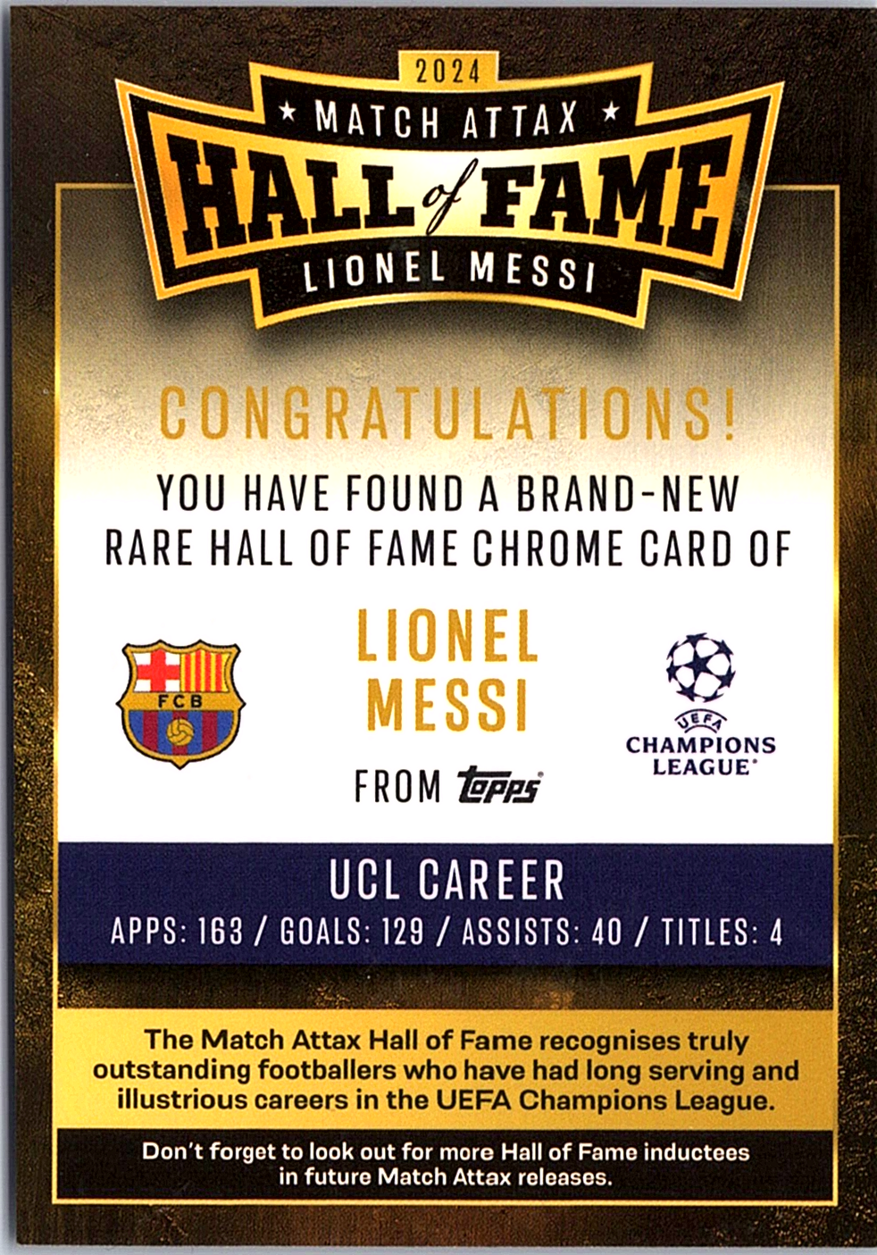 2024-25 Topps Match Attax Club Competition Lionel Messi HOF4 Soccer FC Barcelona (Back)