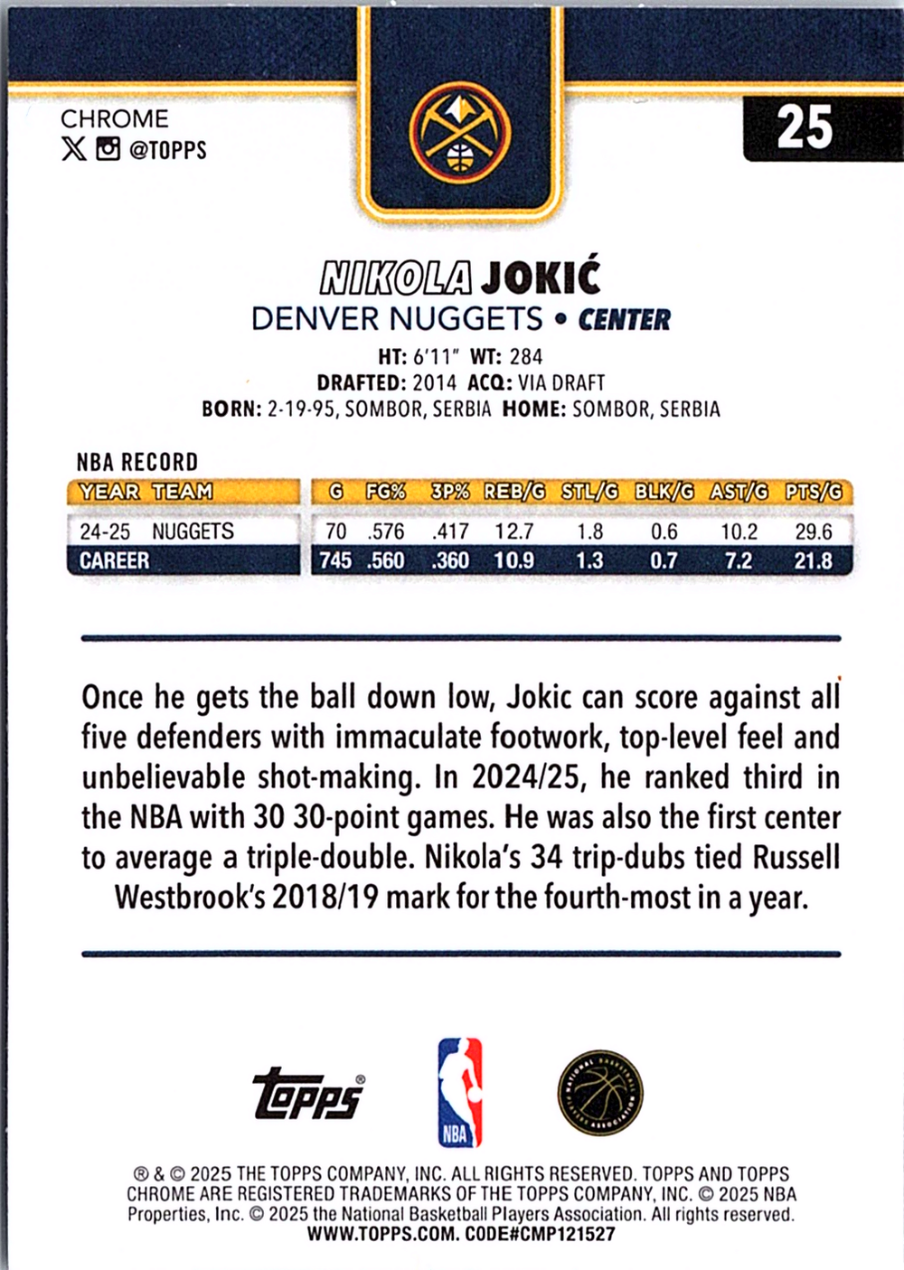 Nikola Jokić Topps Chrome - RayWave Refractor 25 NM (Back)