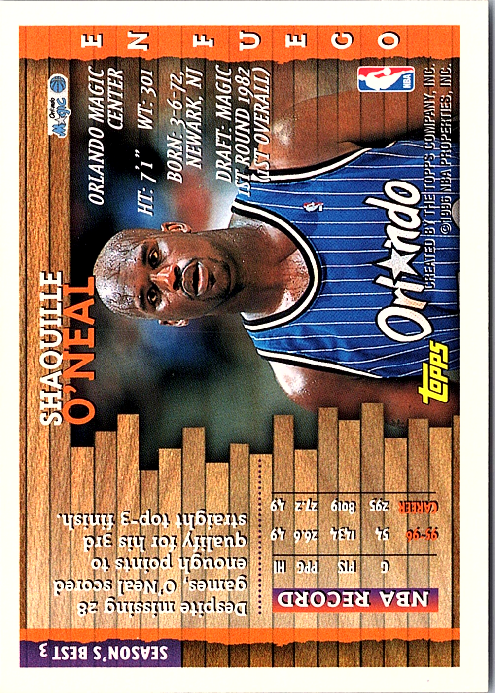 1996-97 Topps - Season's Best Shaquille O'Neal 3 Basketball Orlando Magic (Back)