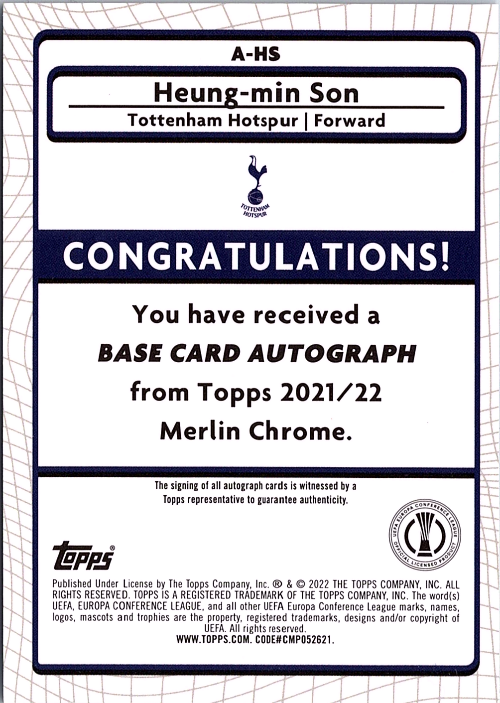 Heung-min Son Merlin UEFA Champions League - Refractor autograph A-HS NM (Back)