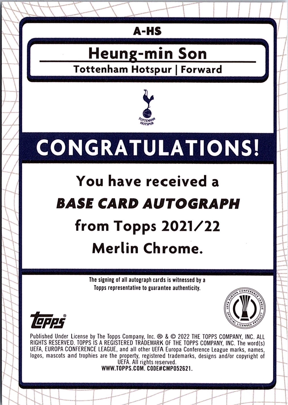Heung-min Son Merlin UEFA Champions League - Refractor autograph A-HS NM (Back)